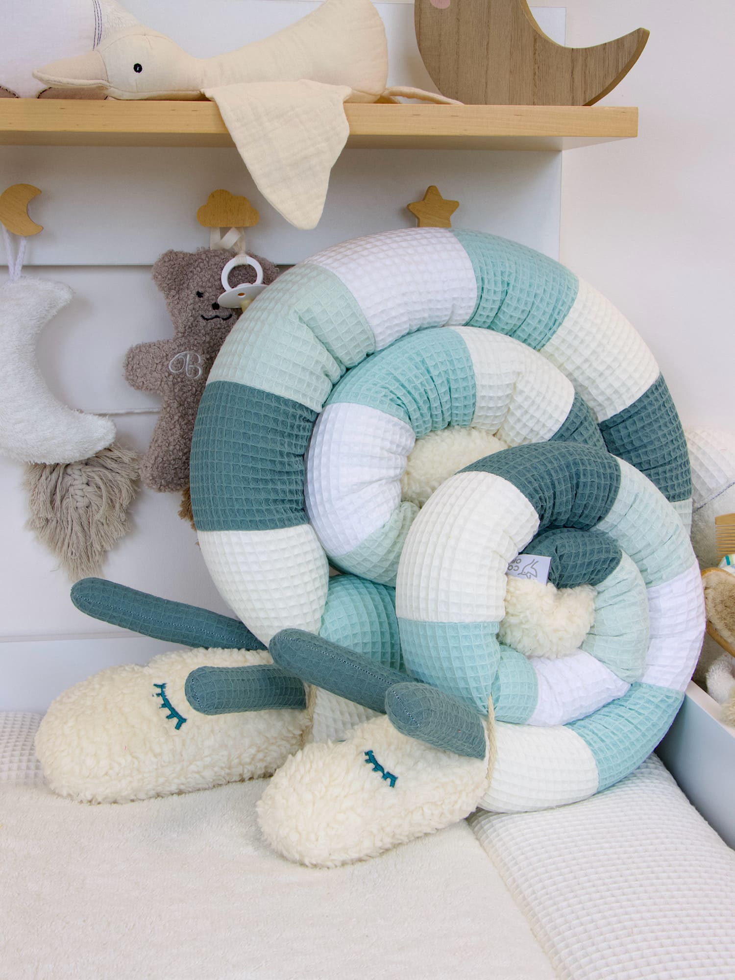 Puckschnecke Patchwork: Waffelpique creme, pastellmint, weiß, hellmint, altgrün