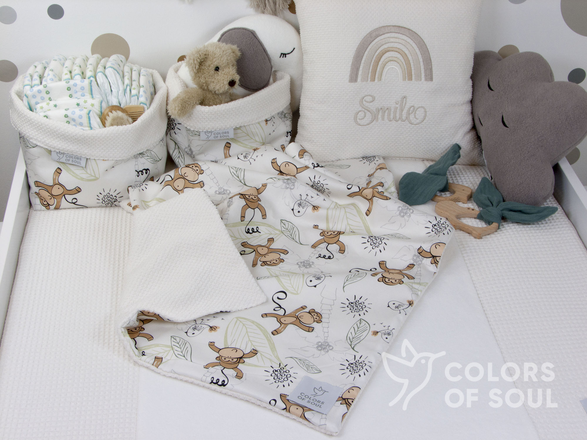 Babydecke - niedliche Affen / Waffelpique BeBe creme