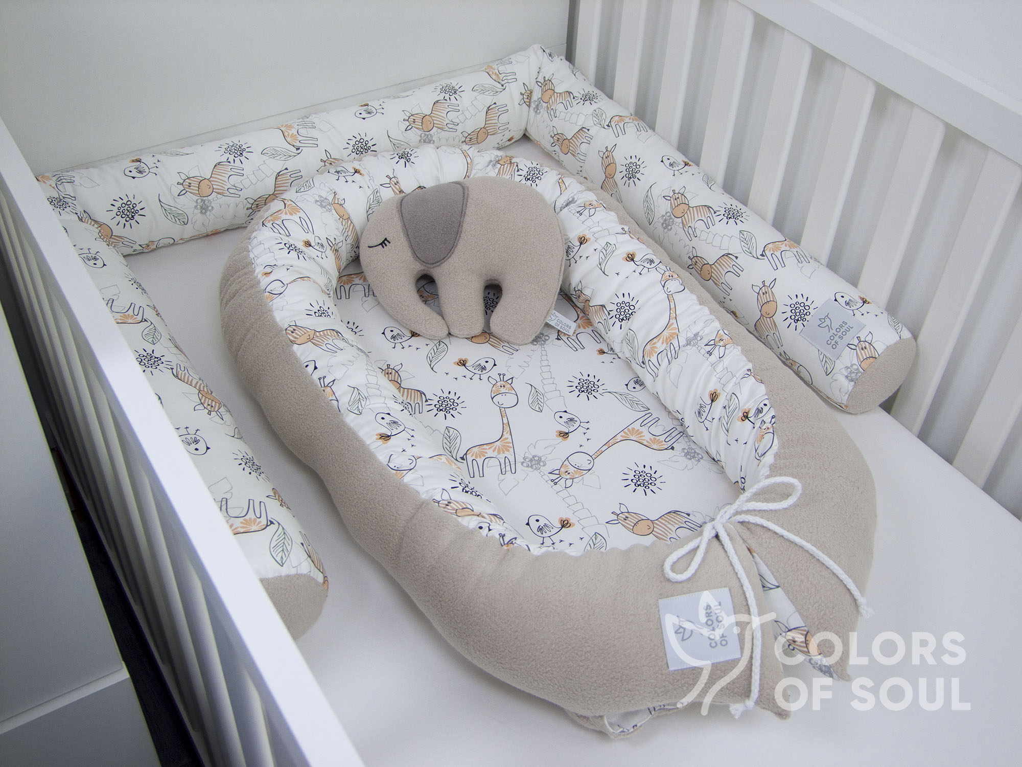 3-er SET - Wickelauflage, Bettschlange, Babynestchen - Giraffe und Zebra / Baumwollfleece beige
