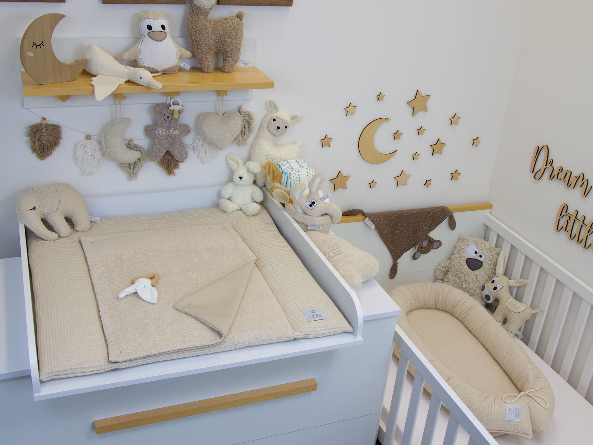 3-er SET - Wickelauflage, Bettschlange, Babynestchen - Waffelpique light sand / Frottee light sand