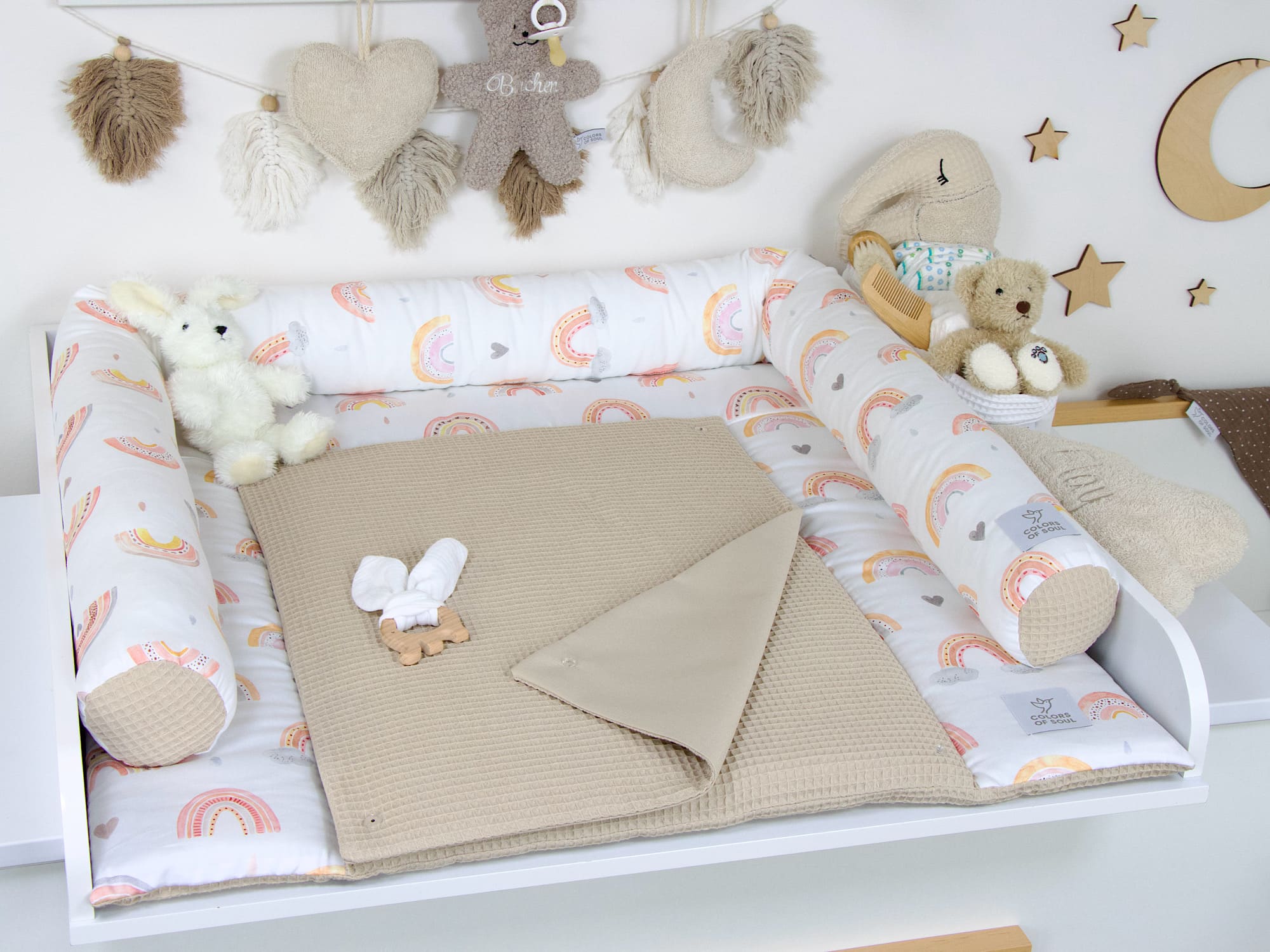 2-er SET - Wickelauflage, Bettschlange - Regenbogen Aquarell / Waffelpique beige