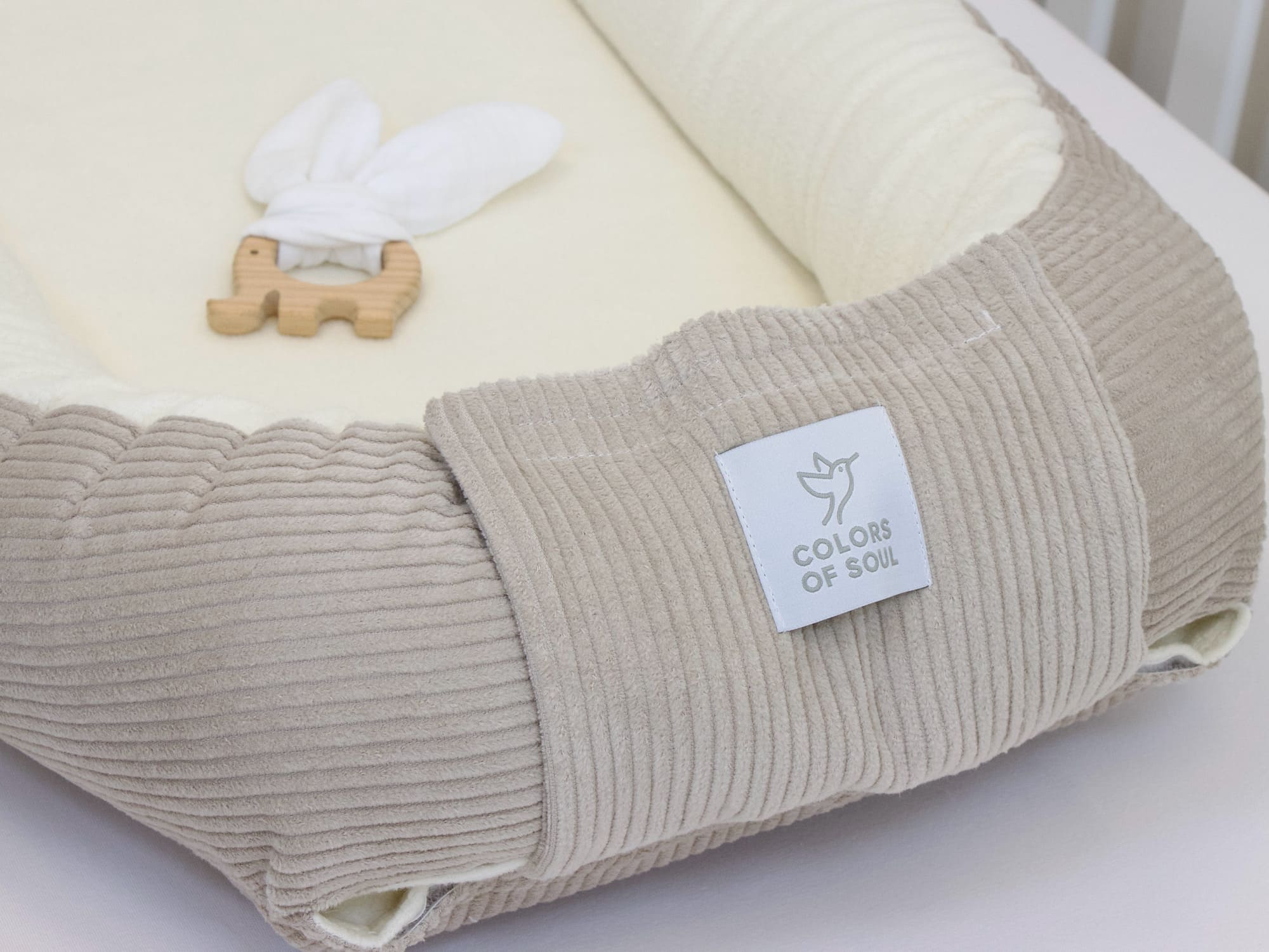 3-er SET - Wickelauflage, Babynestchen, Bettschlange - Cord hellbeige / Baumwollfleece creme