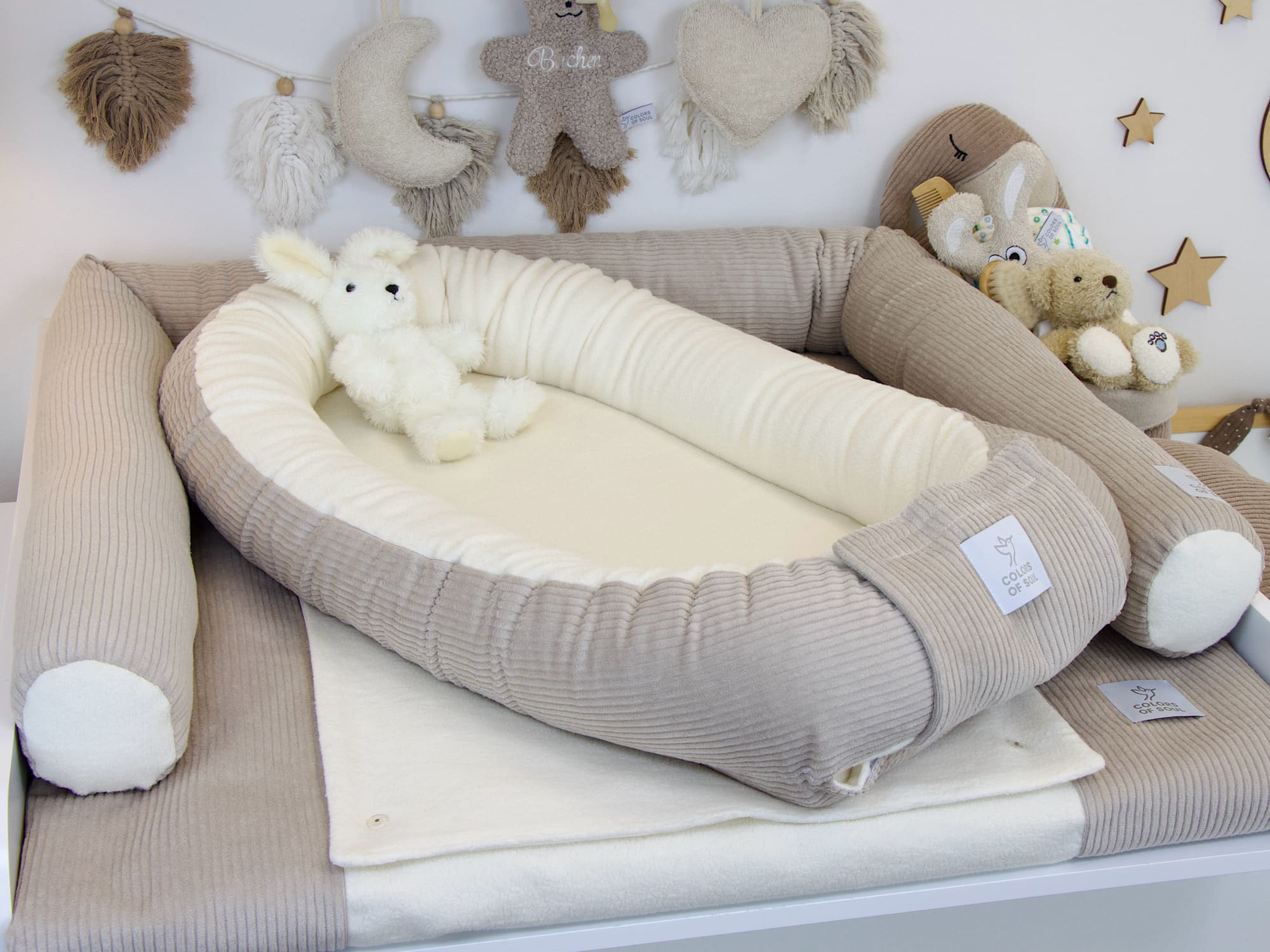 3-er SET - Wickelauflage, Babynestchen, Bettschlange - Cord hellbeige / Baumwollfleece creme