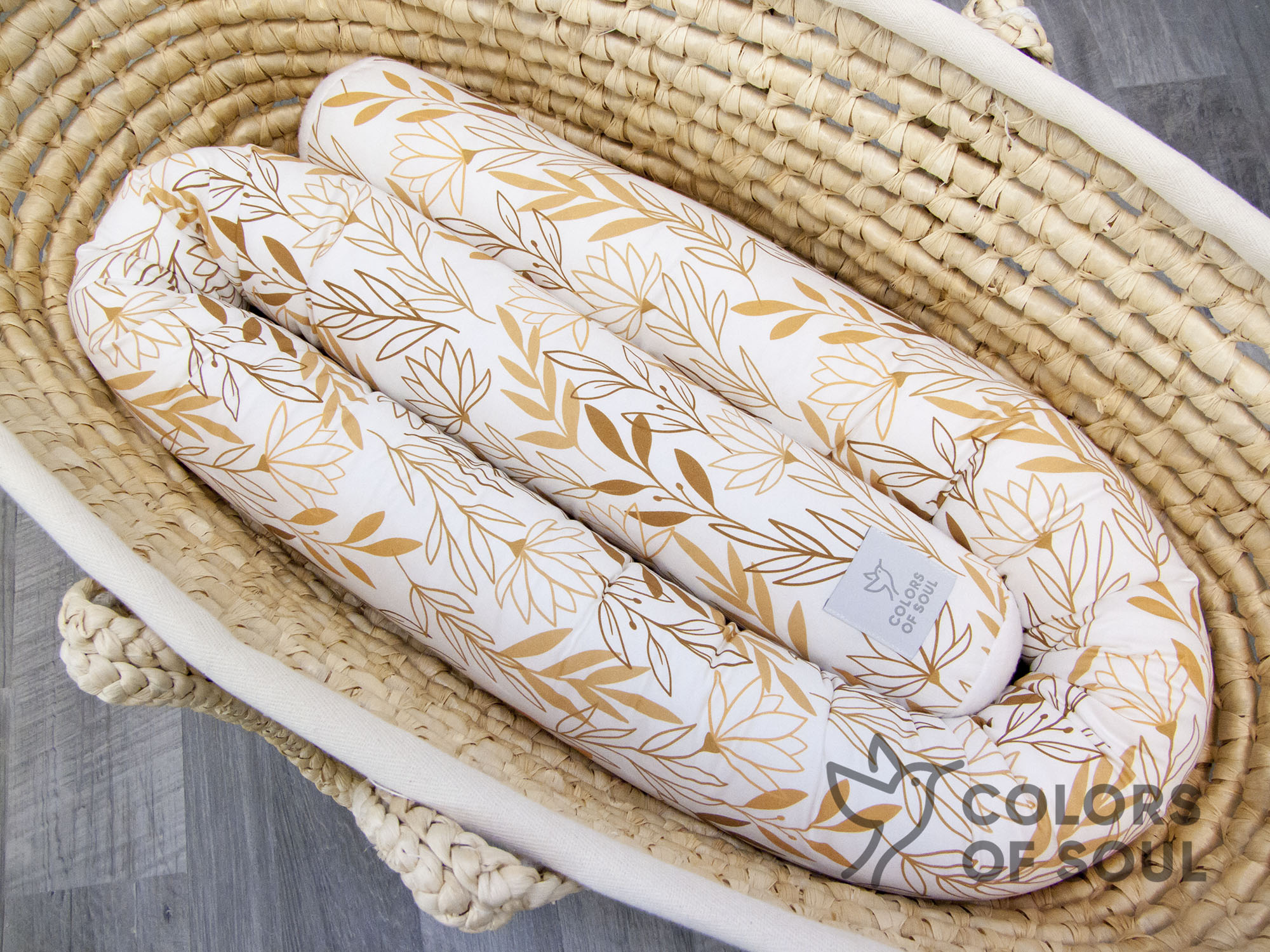 2-er SET - Wickelauflage mit Inlett, Bettschlange - Zweige camel / Waffelpique camel