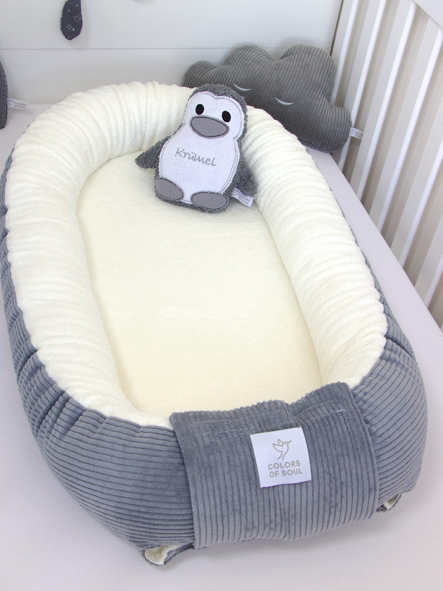 Babynestchen - Kordstoff grau / Baumwollfleece creme