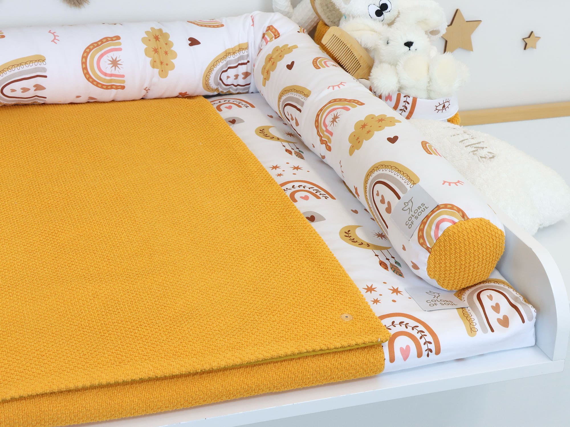 2-er SET - Wickelauflage mit Inlett, Bettschlange - Baby boho Regenbogen / Waffelpique BeBe gelb
