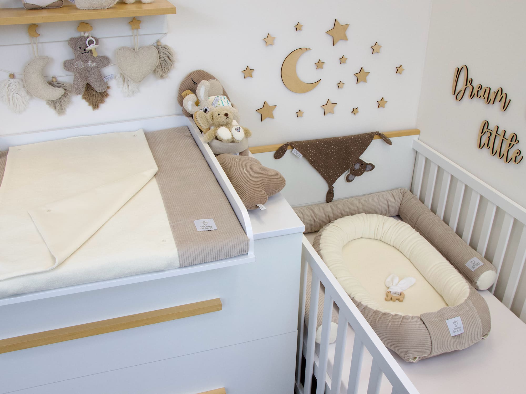 3-er SET - Wickelauflage, Babynestchen, Bettschlange - Cord hellbeige / Baumwollfleece creme