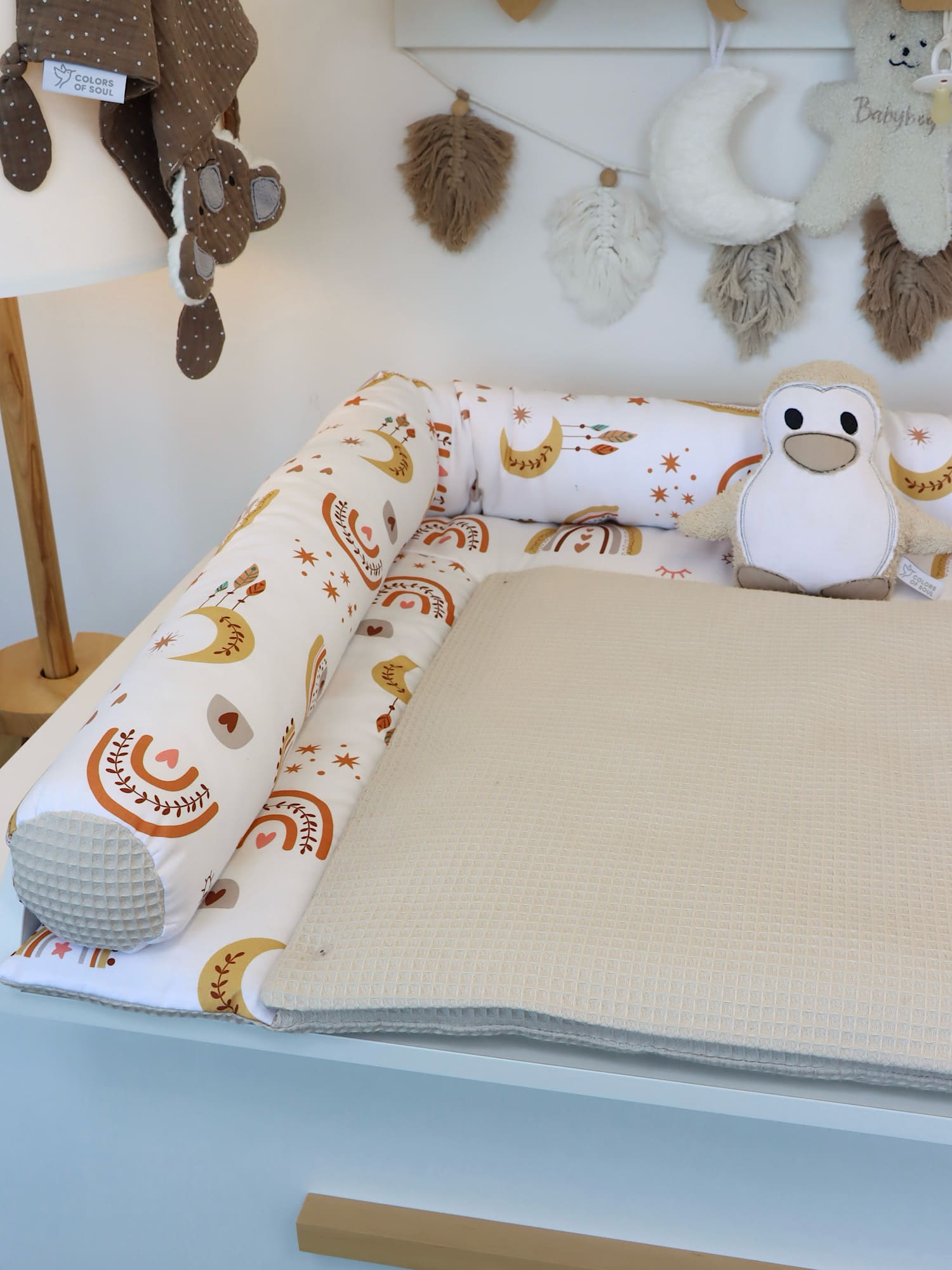 Wickelauflage - Baby boho Regenbogen / Waffelpique Natur