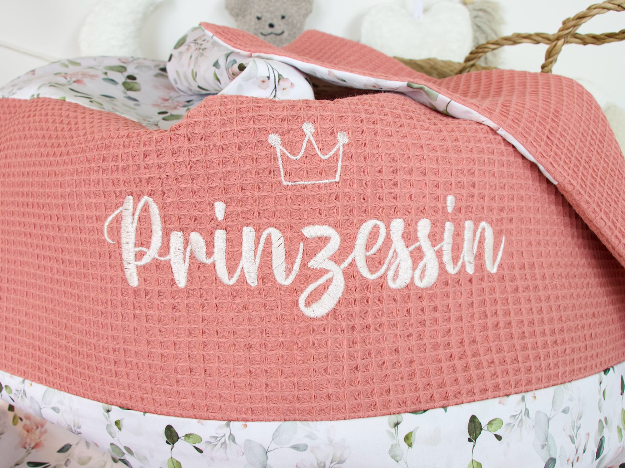 Personalisierte Kuscheldecke Baby - Gartenblumen rosa / Waffelpique blush