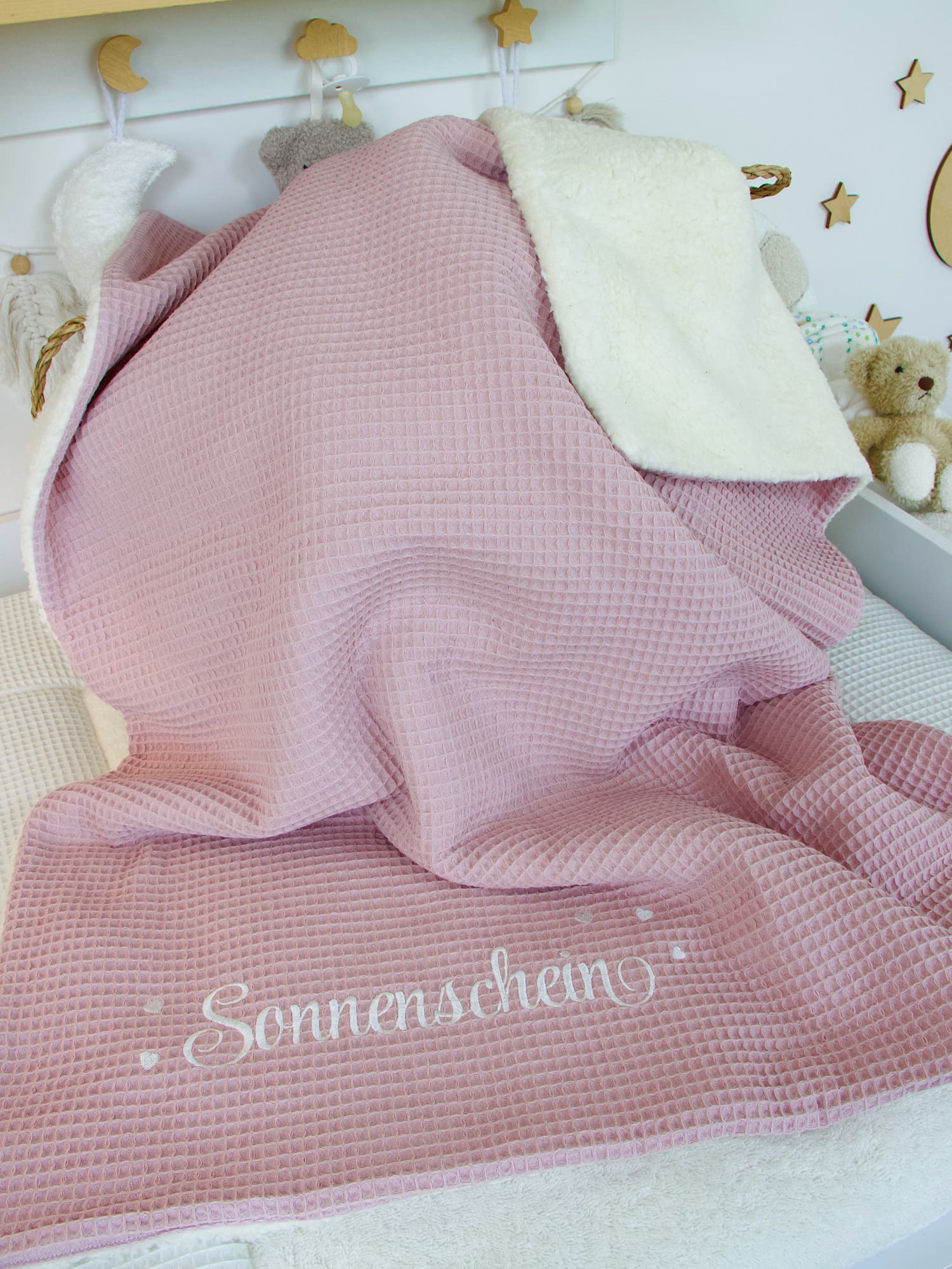 Baby Kuscheldecke personalisiert - Waffelpique altrosa / Teddyplüsch creme