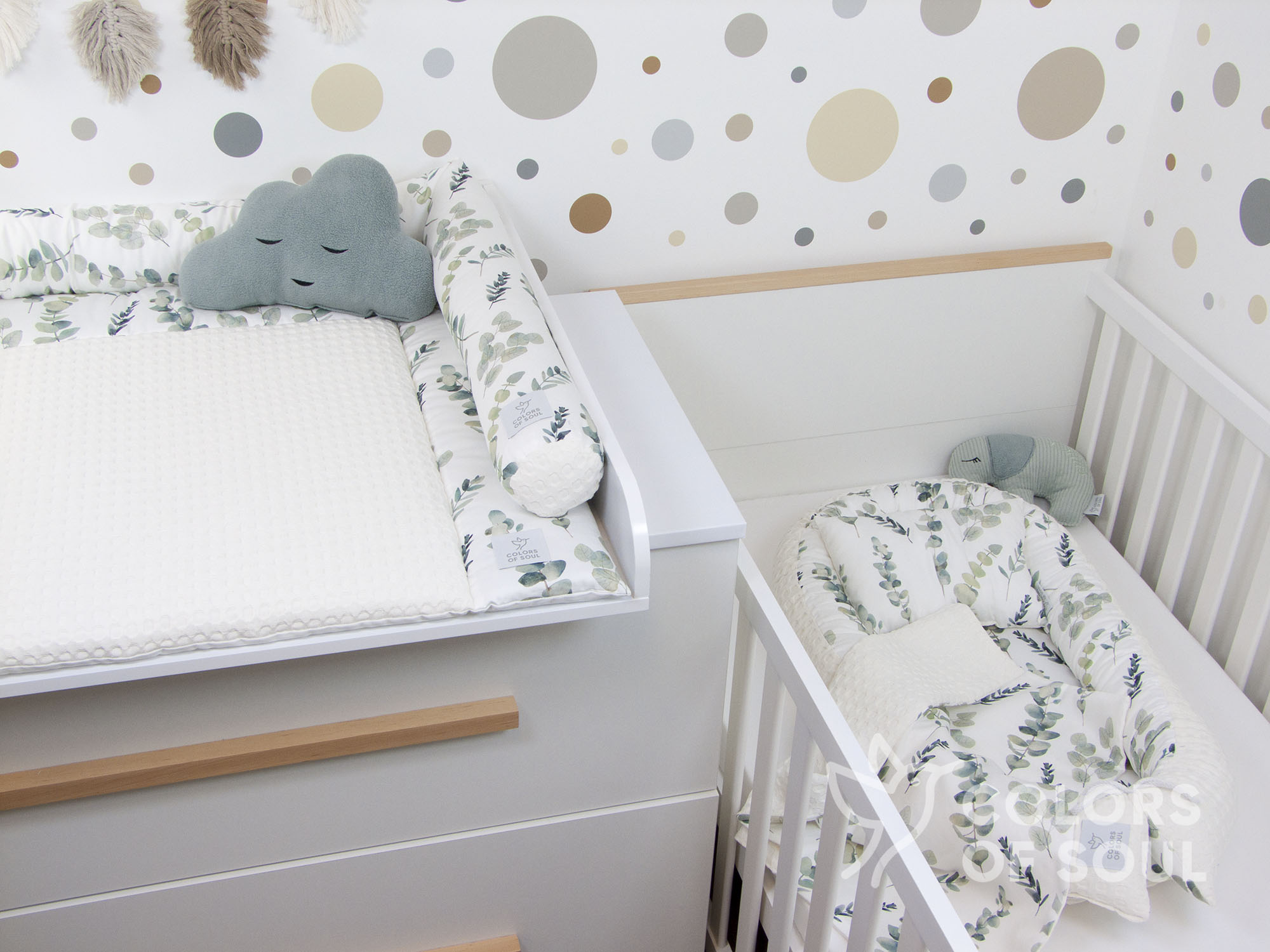 3-er SET - Wickelauflage, Bettrolle, Babynest - Eukalyptuszweige Aquarell / Waffelpique grob creme