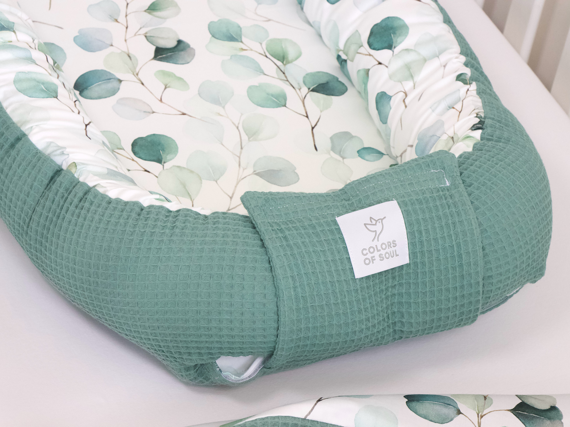 3-er SET - Wickelauflage mit Inlett, Babynest, Bettrolle - Silberdollar-Eukalyptus / Waffel altgrün