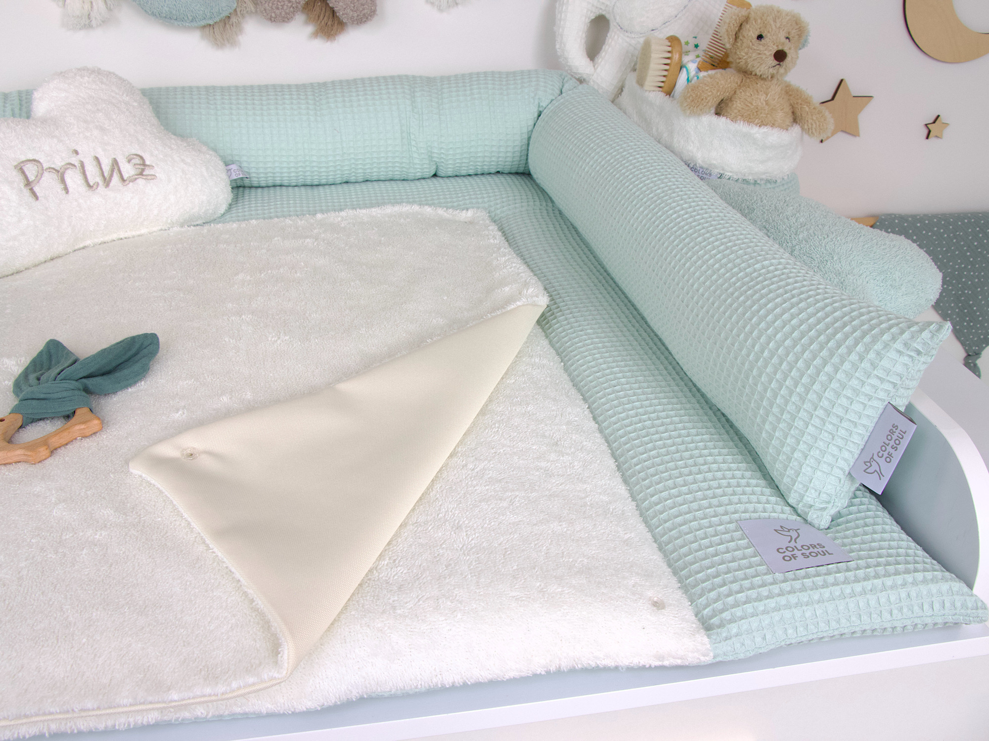 2-er SET - Wickelauflage, Bettschlange - Waffelpique pastellmint / Frottee creme