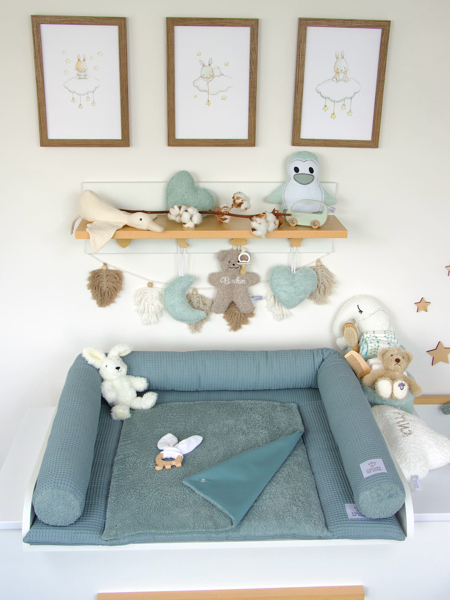 3-er SET - Wickelauflage, Bettschlange, Babynestchen - Waffelpique und Frottee dusty altmint