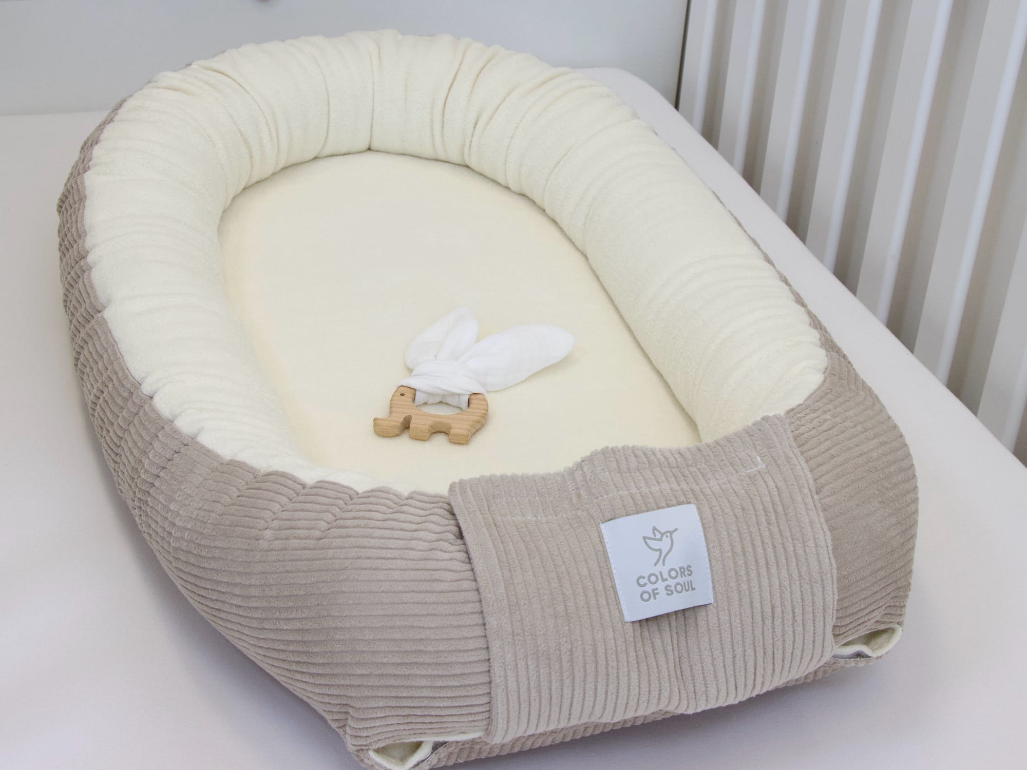 3-er SET - Wickelauflage, Babynestchen, Bettschlange - Cord hellbeige / Baumwollfleece creme