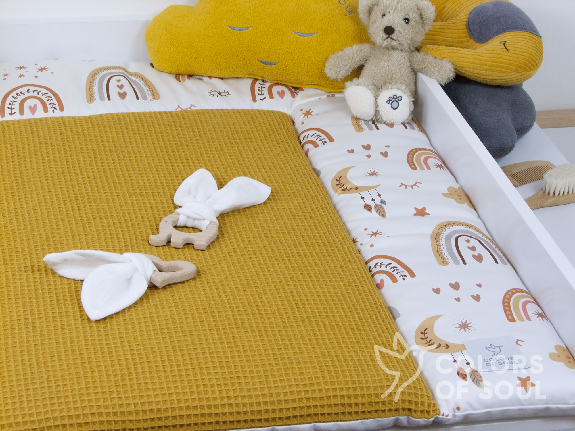 3-er SET - Wickelauflage, Bettschlange, Babynestchen - Baby boho Regenbogen / Waffelpique gelb