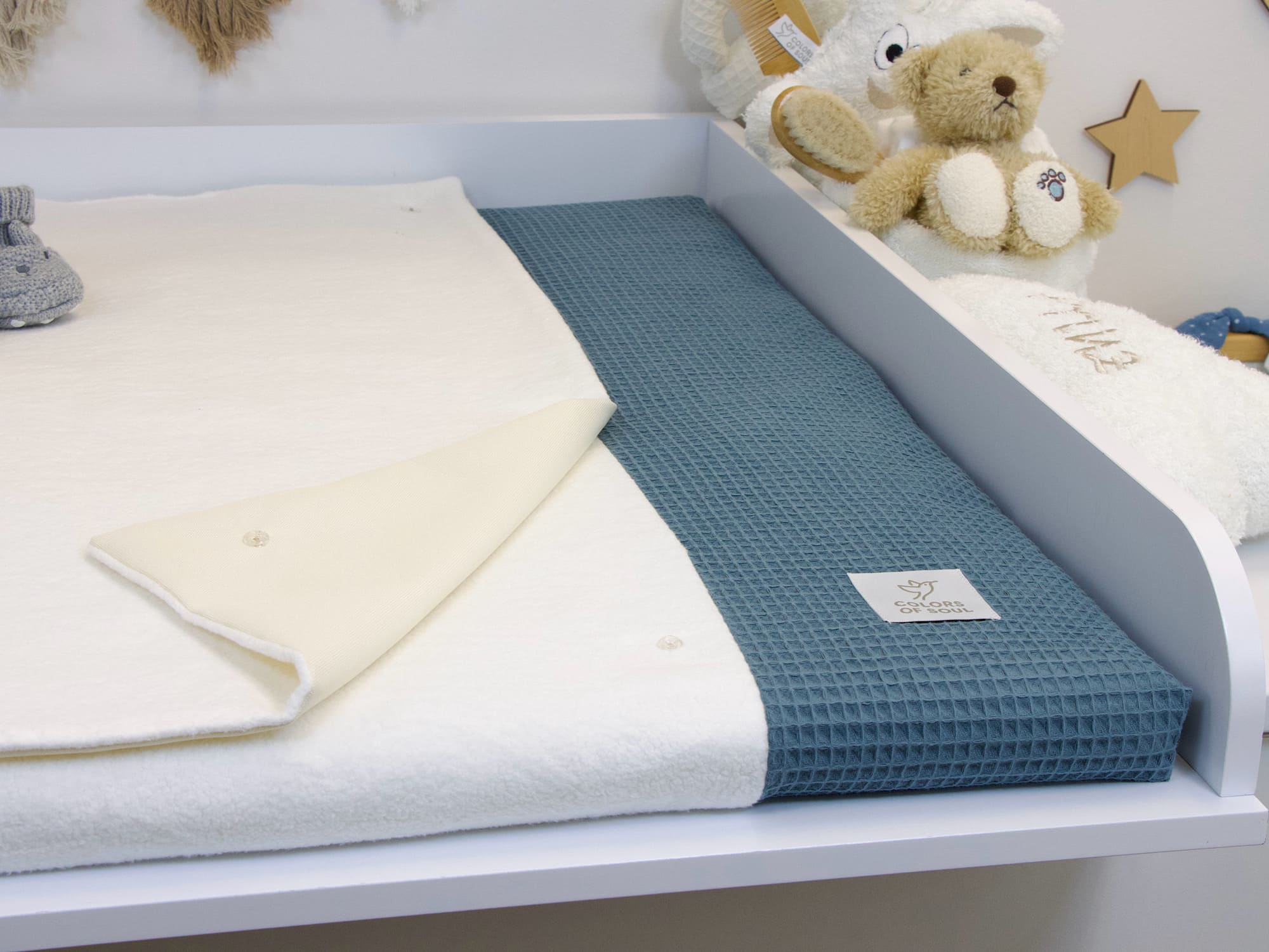 3-er SET - Wickelauflage mit Inlett, Babynest, Bettrolle - Waffel stahlblau / Baumwollfleece creme