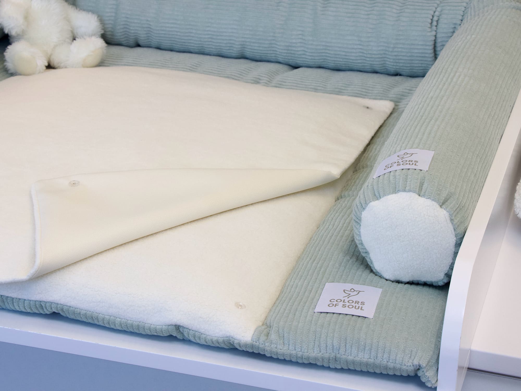 Wickelauflage Set mit Bettschlange - Cord mint / Baumwollfleece creme