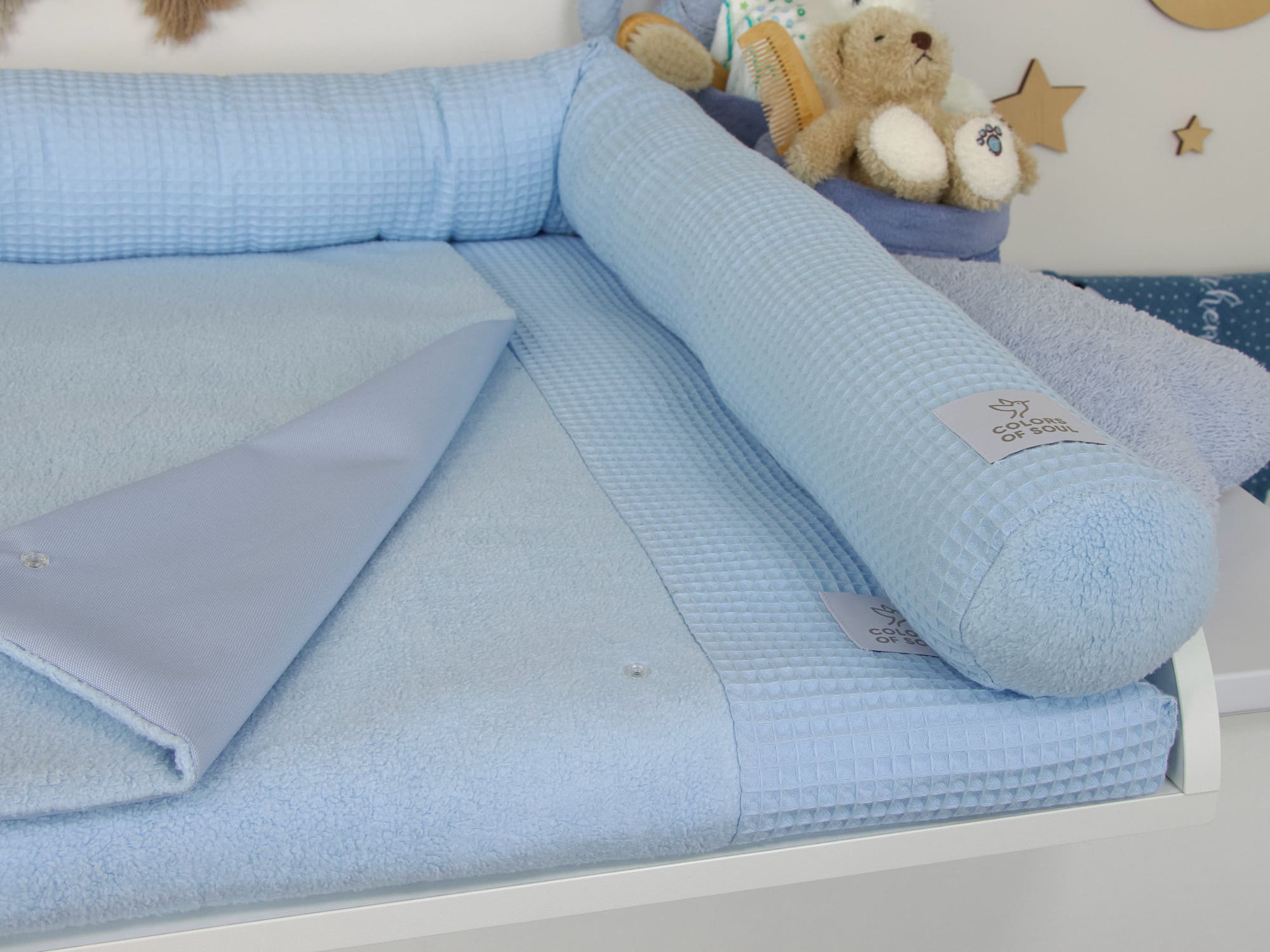2-er SET - Wickelauflage mit Inlett, Bettschlange - Waffelpique babyblau / Baumwollfleece blau