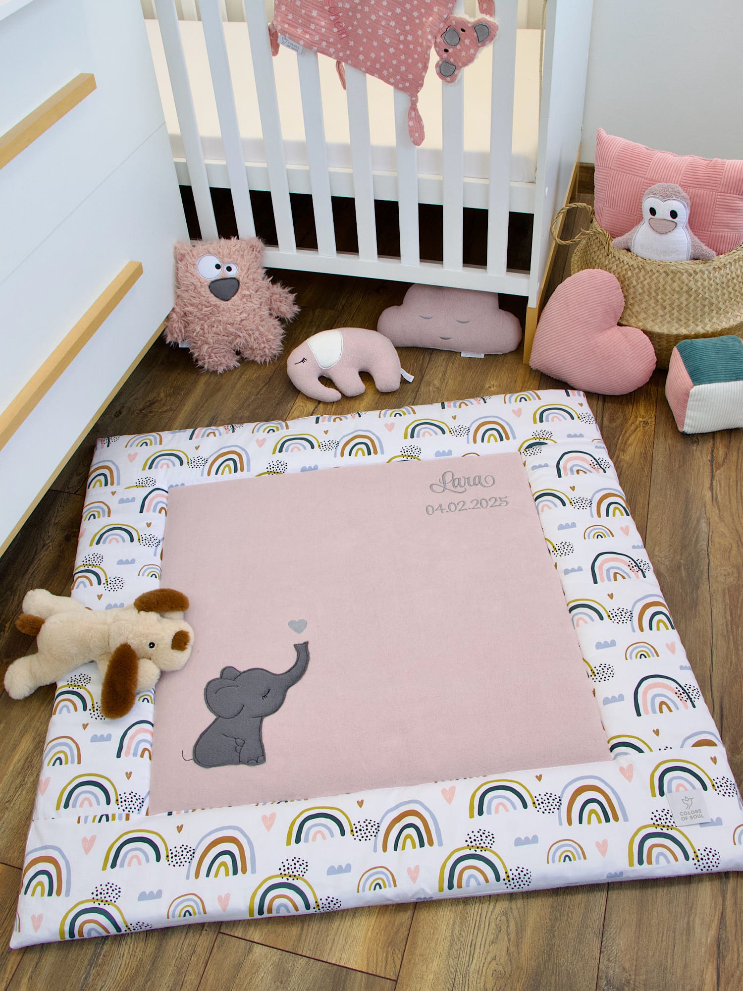 Krabbeldecke Regenbogen und Herzen / Baumwollfleece altrosa