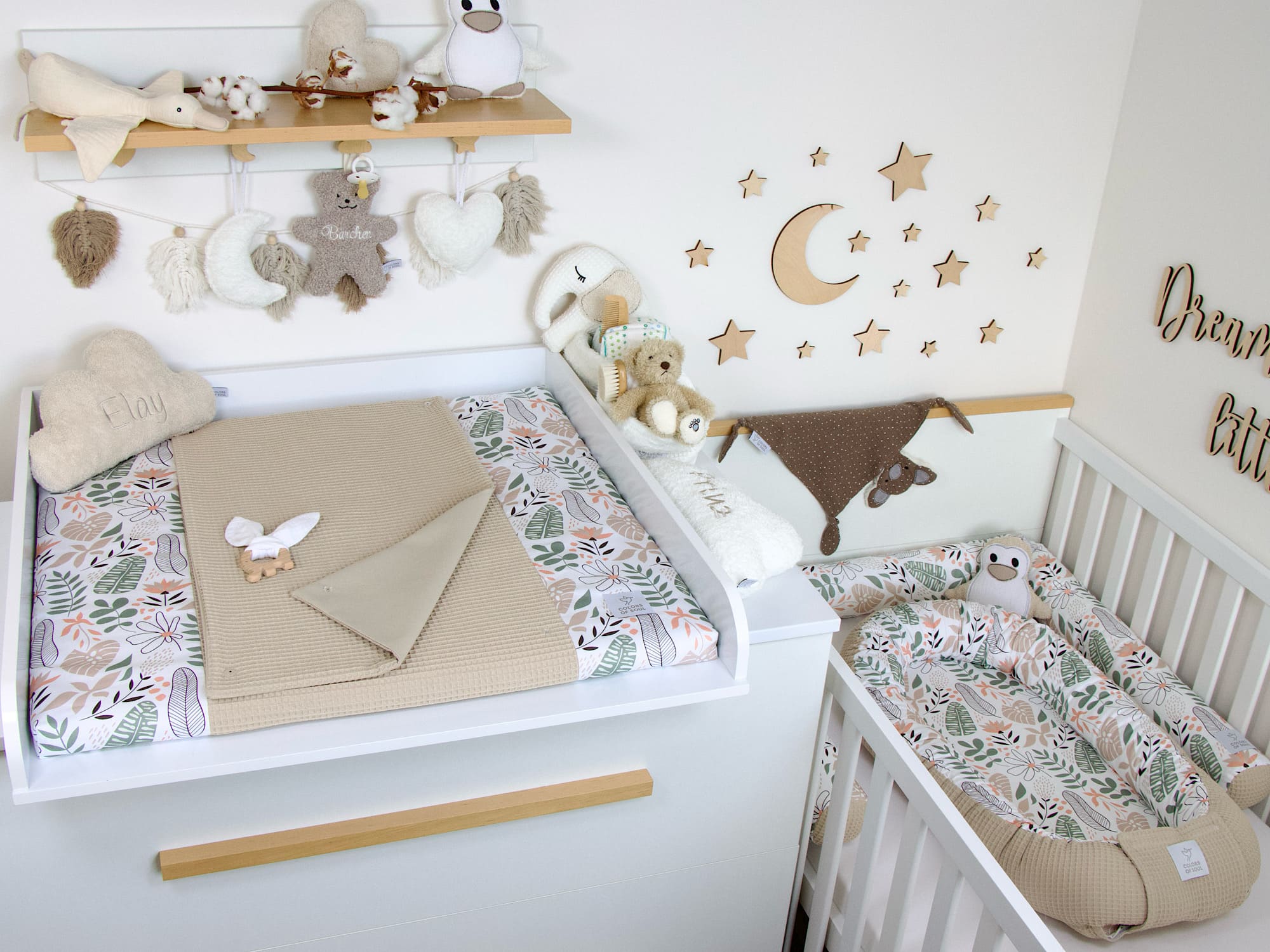 3-er SET - Wickelauflage mit Inlett, Babynest, Bettrolle - Tropical Blumen pastell / Waffel beige