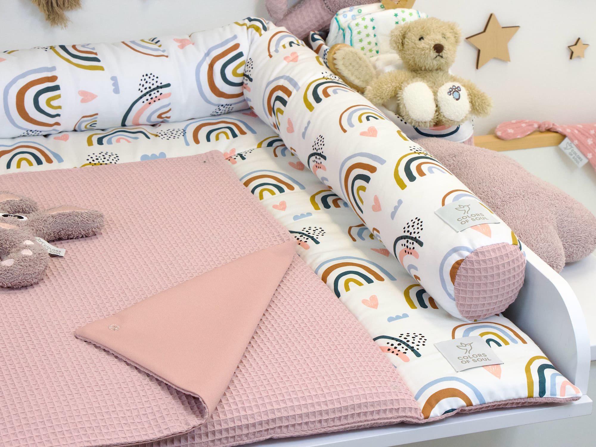 2-er SET - Wickelauflage, Bettschlange - Regenbogen und Herzen / Waffelpique altrosa2-er SET - Wickelauflage, Bettschlange - Regenbogen und Herzen / Waffelpique altrosa