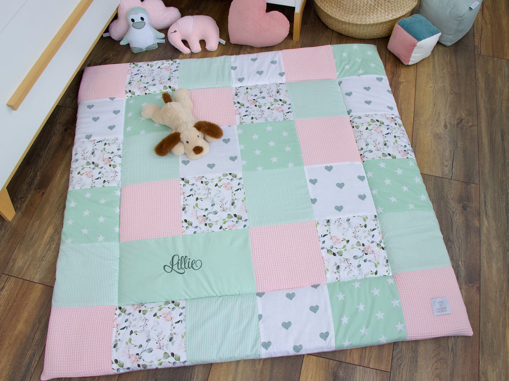 Patchwork Krabbeldecke - Gartenblumen rosa / Waffelpique hellrosa / mint