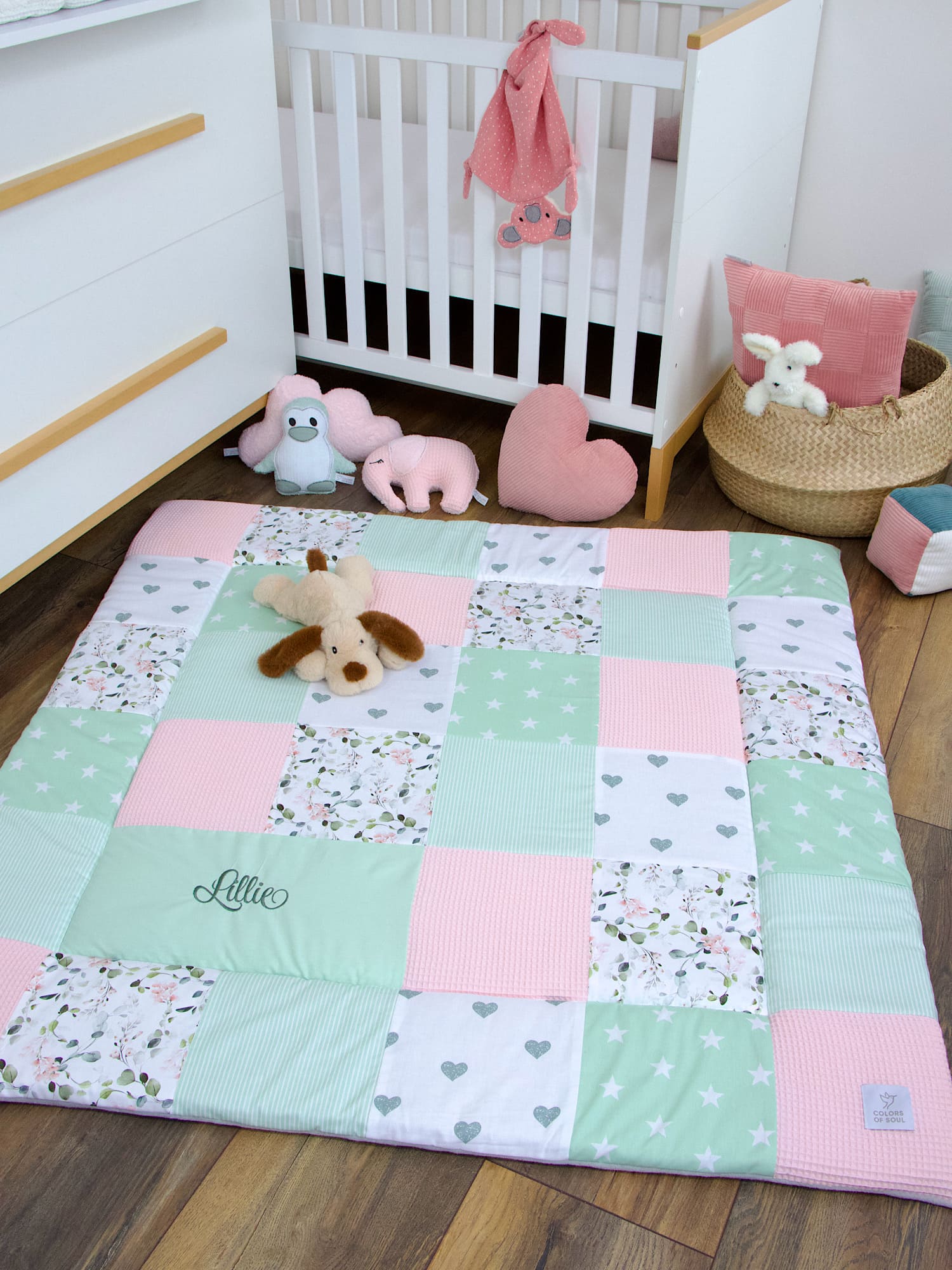 Patchwork Krabbeldecke - Gartenblumen rosa / Waffelpique hellrosa / mint