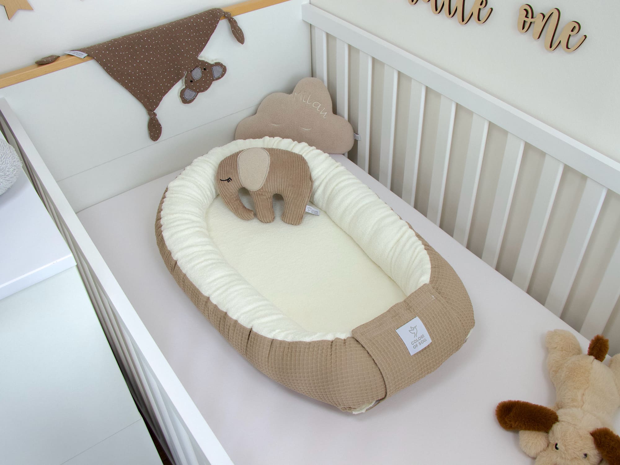 3-er SET - Wickelauflage mit Inlett, Babynest, Bettrolle - Waffel dunkelbeige/ Baumwollfleece creme