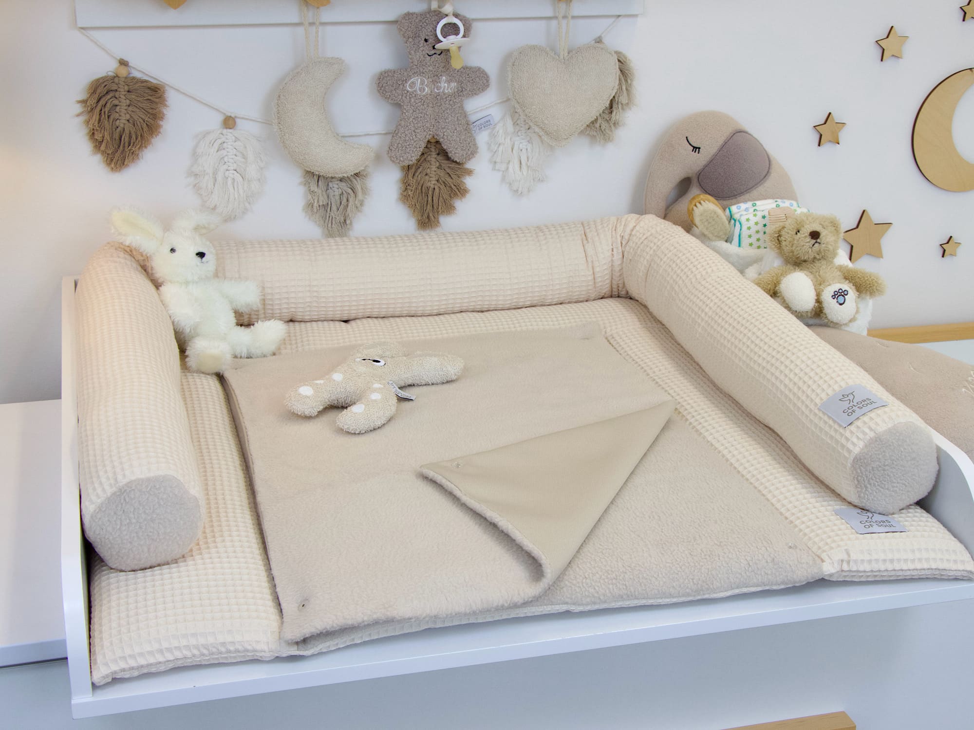 2-er SET - Wickelauflage, Bettschlange - Waffelpique hellbeige / Baumwollfleece beige