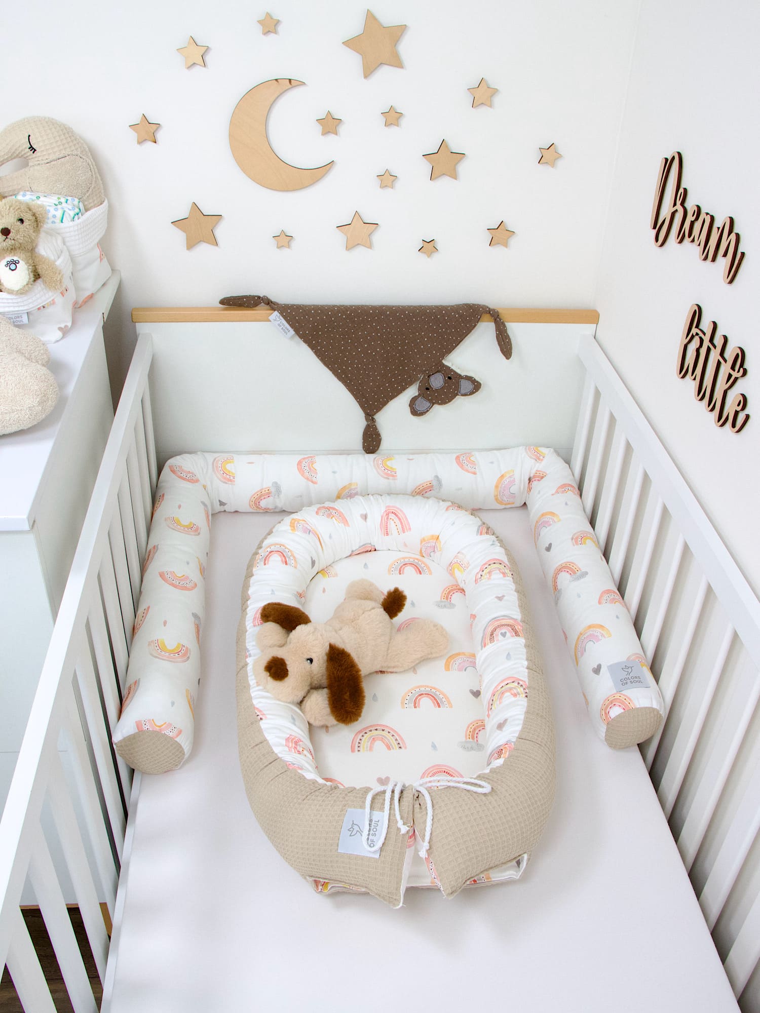 3-er SET - Wickelauflage, Bettschlange, Babynestchen - Regenbogen Aquarell / Waffelpique beige