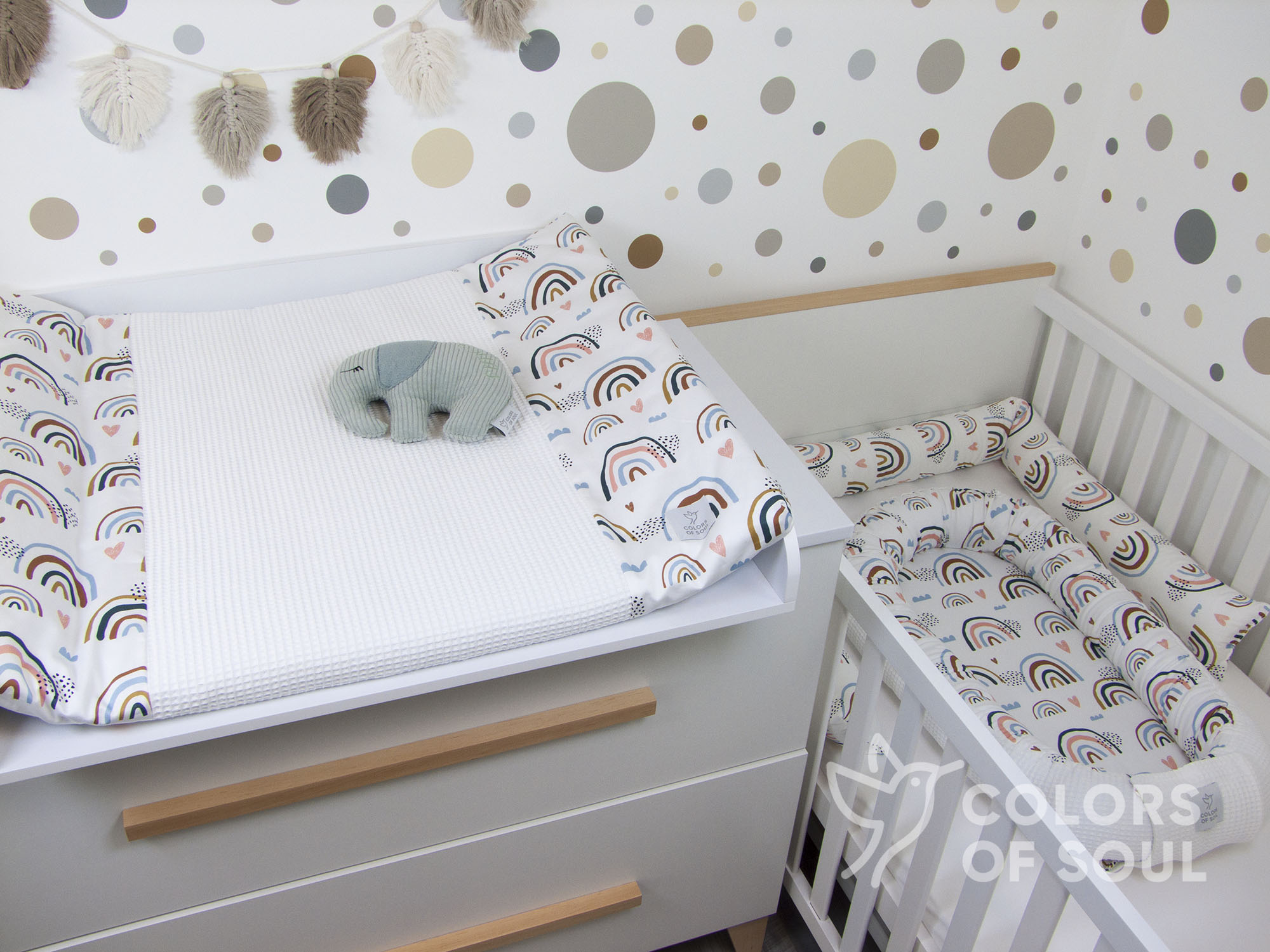 3-er SET - Wickelauflage mit Inlett, Babynest, Bettrolle - Regenbogen und Herzen / Waffelpique weiß