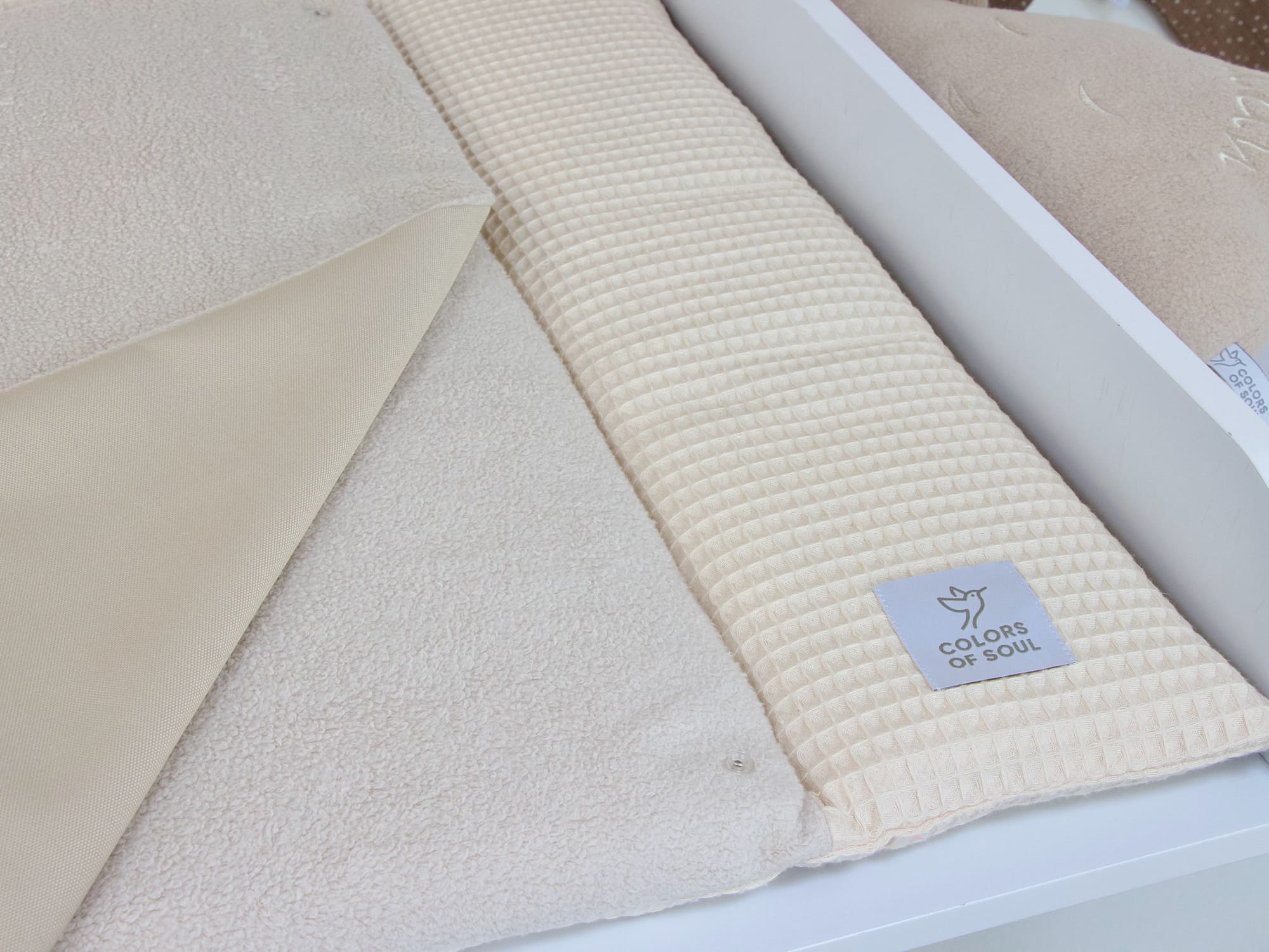 3-er SET - Wickelauflage, Bettschlange, Babynest - Waffelpique hellbeige / Baumwollfleece hellbeige