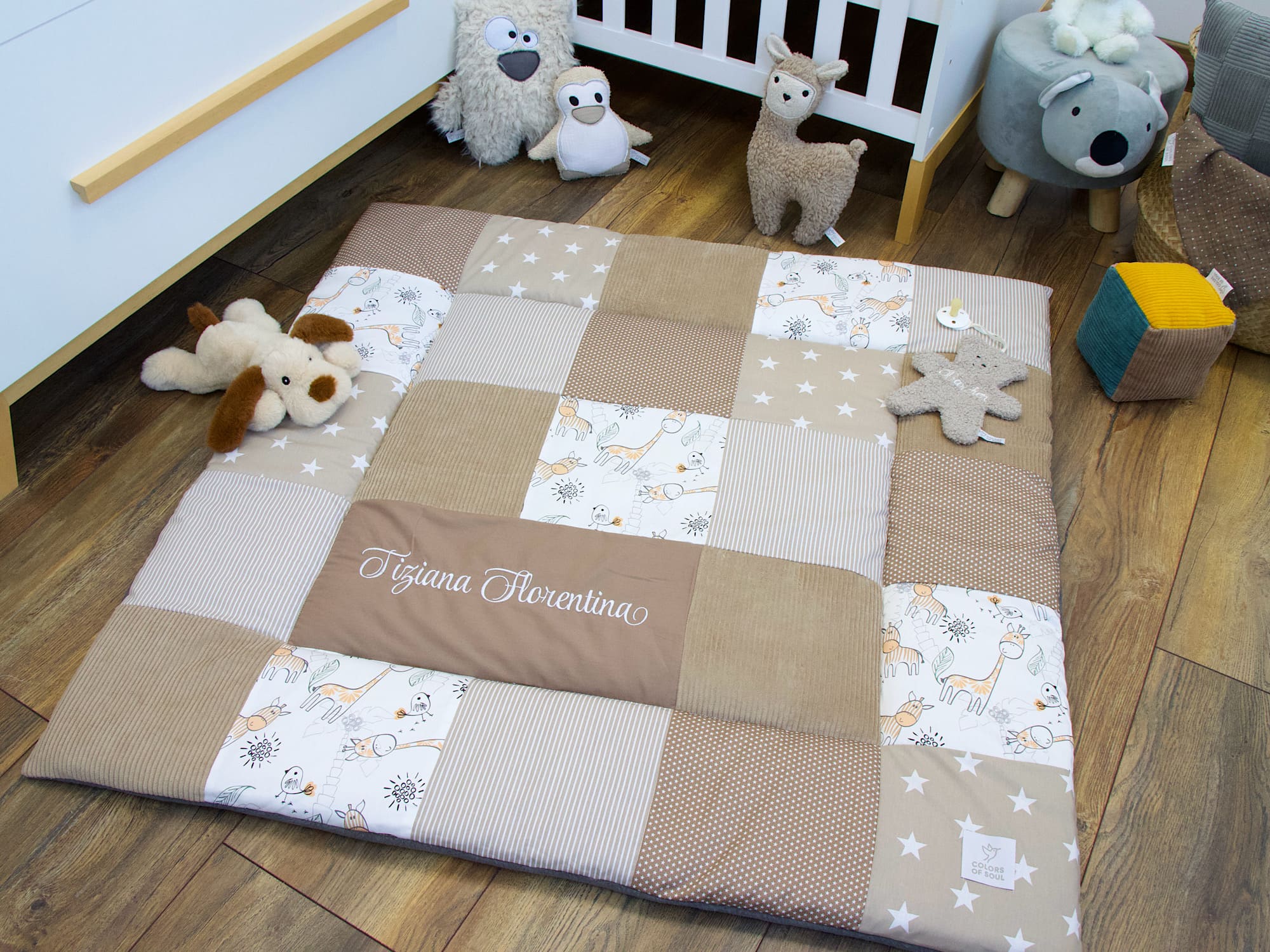 Patchwork Krabbeldecke - Giraffe und Zebra / Kord camel / sand, taupe