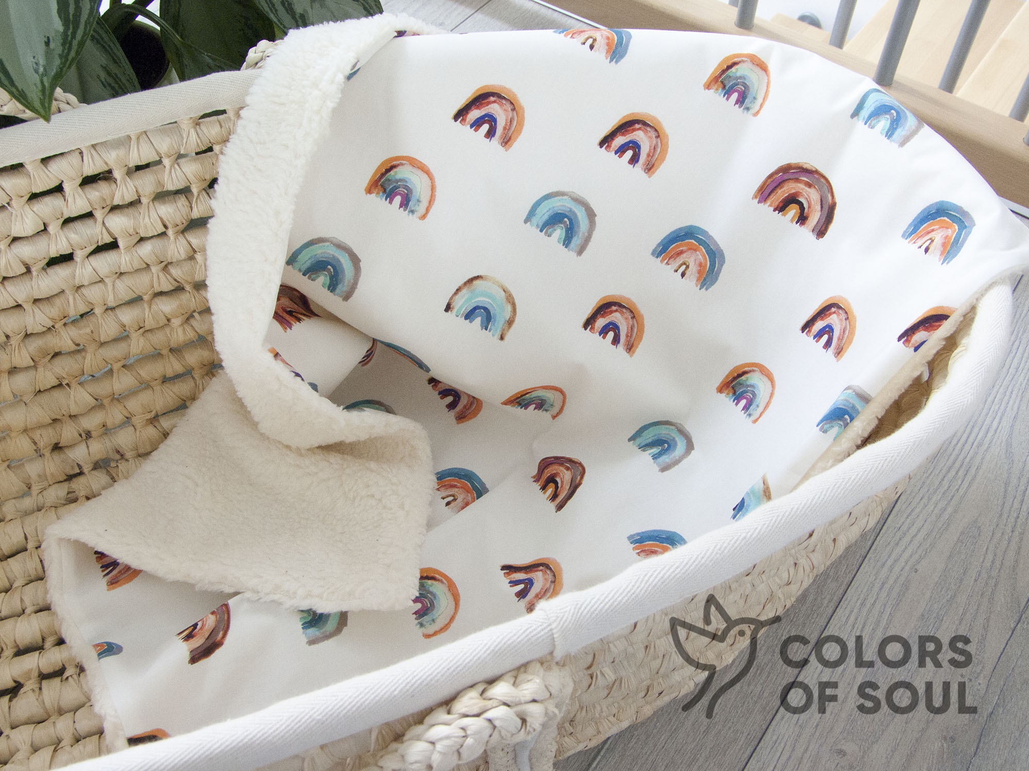 Babydecke - Regenbogen orange / Teddyplüsch creme