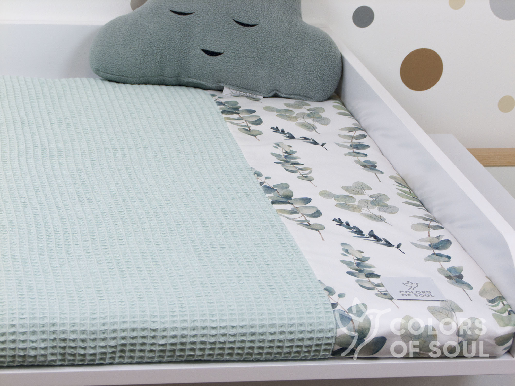3-er SET - Wickelauflage mit Inlett, Babynest, Bettrolle - Eukalyptus Aquarell / Waffel pastellmint
