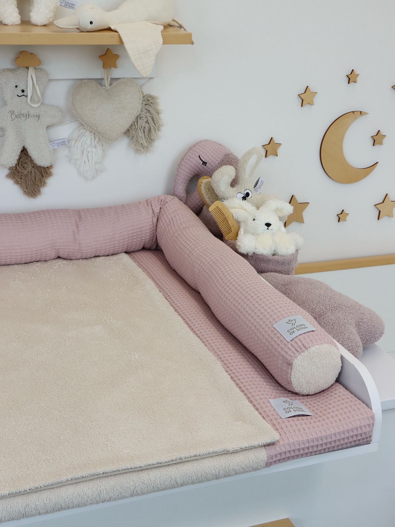 Wickelauflage mit Bezug & Bettschlange – Waffelpique Altrosa & Frottee Light Sand