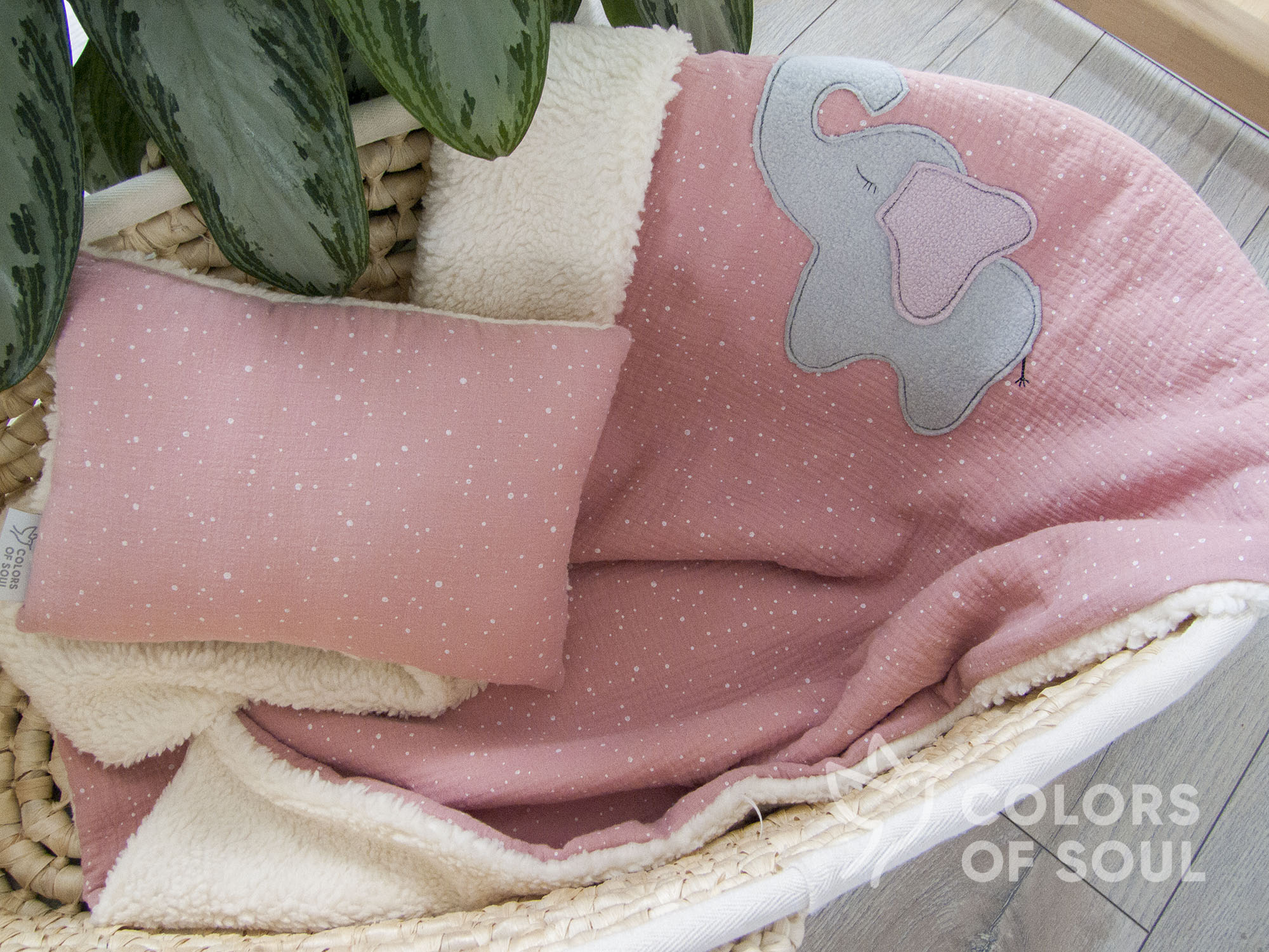 Kuscheldecke - Musselin Spritzer rosa / Teddyplüsch creme