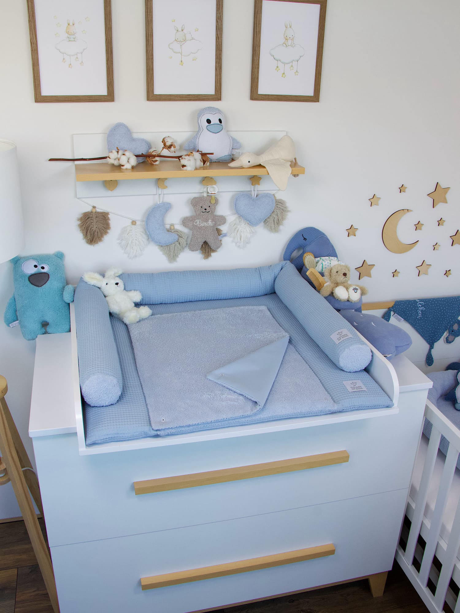 3-er SET - Wickelauflage, Bettschlange, Babynestchen - Waffelpique hellblau / Frottee hellblau