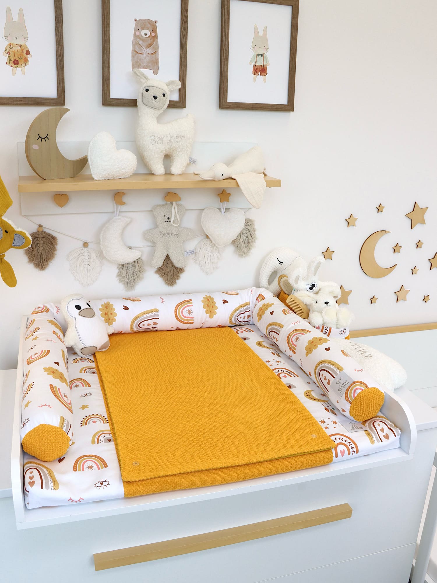 2-er SET - Wickelauflage mit Inlett, Bettschlange - Baby boho Regenbogen / Waffelpique BeBe gelb