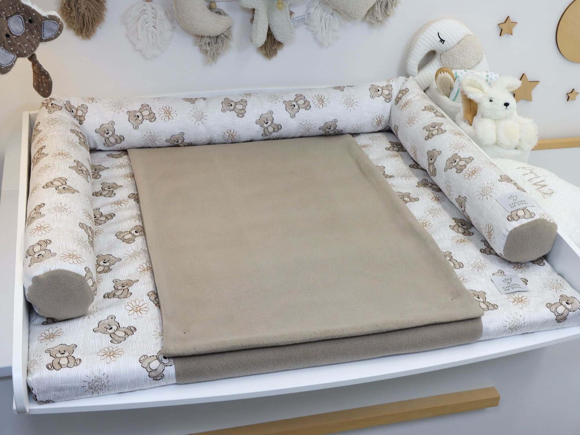 2-er SET - Wickelauflage mit Inlett, Bettschlange - niedliche Bärchen / Baumwollfleece taupe