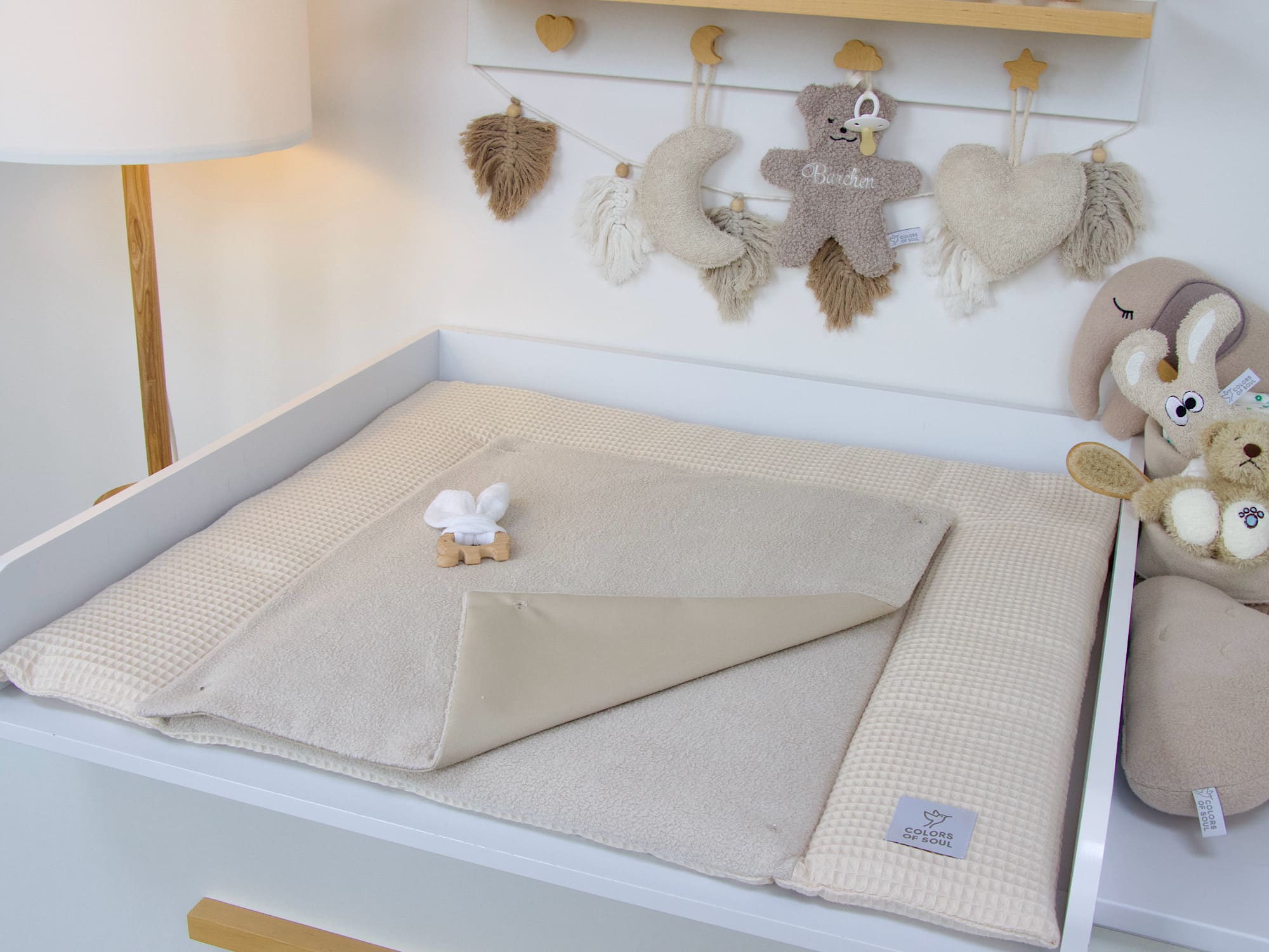 3-er SET - Wickelauflage, Bettschlange, Babynest - Waffelpique hellbeige / Baumwollfleece hellbeige