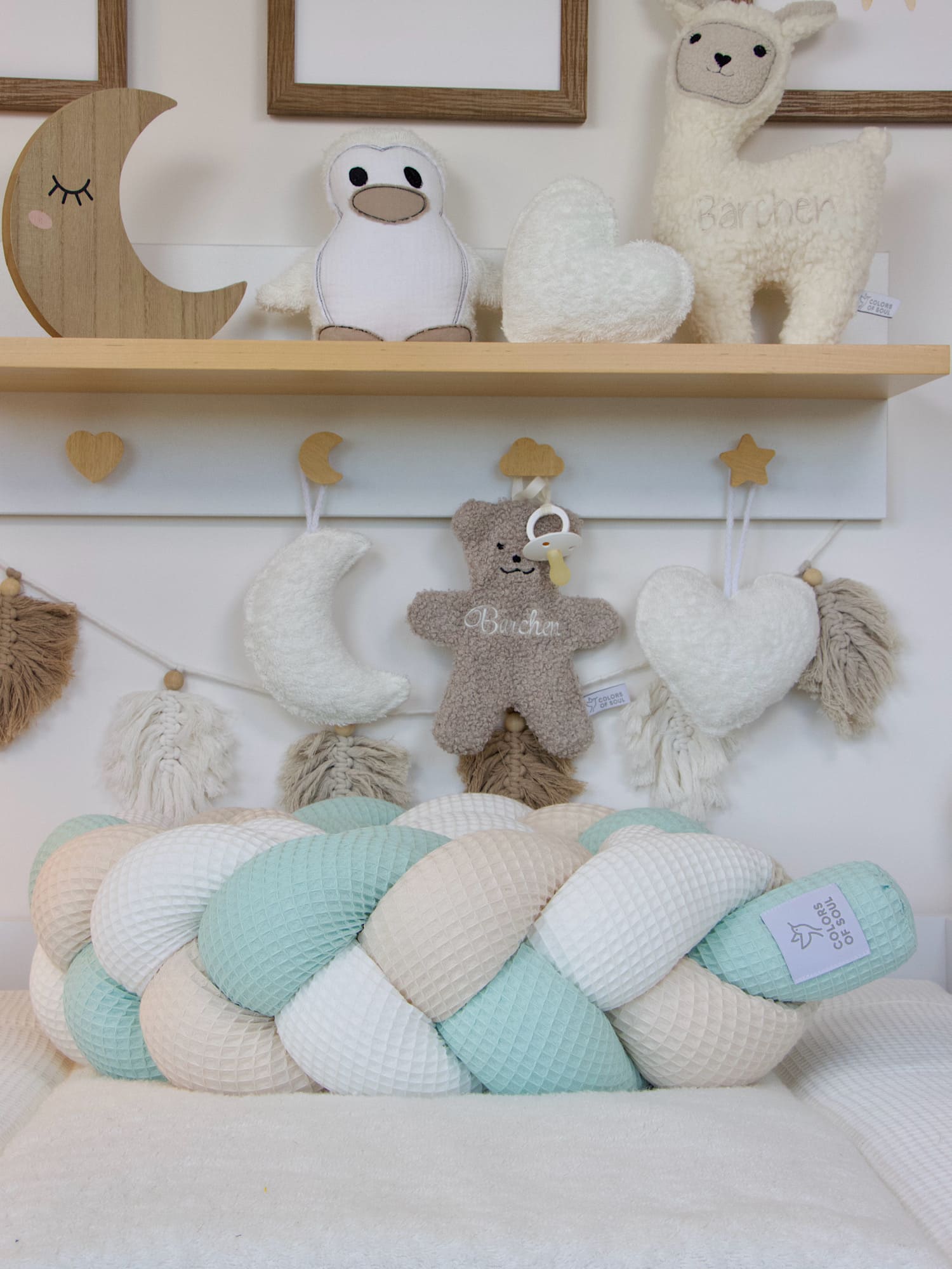 Bettschlange geflochten: Waffelpique creme, pastellmint, hellbeige