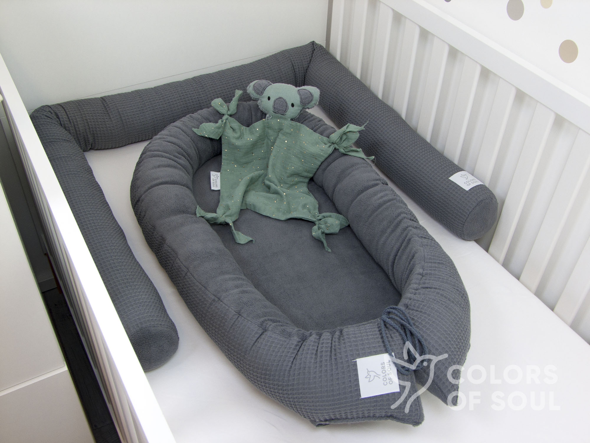 3-er SET - Wickelauflage, Bettschlange, Babynestchen - Waffelpique steingrau / Baumwollfleece grau