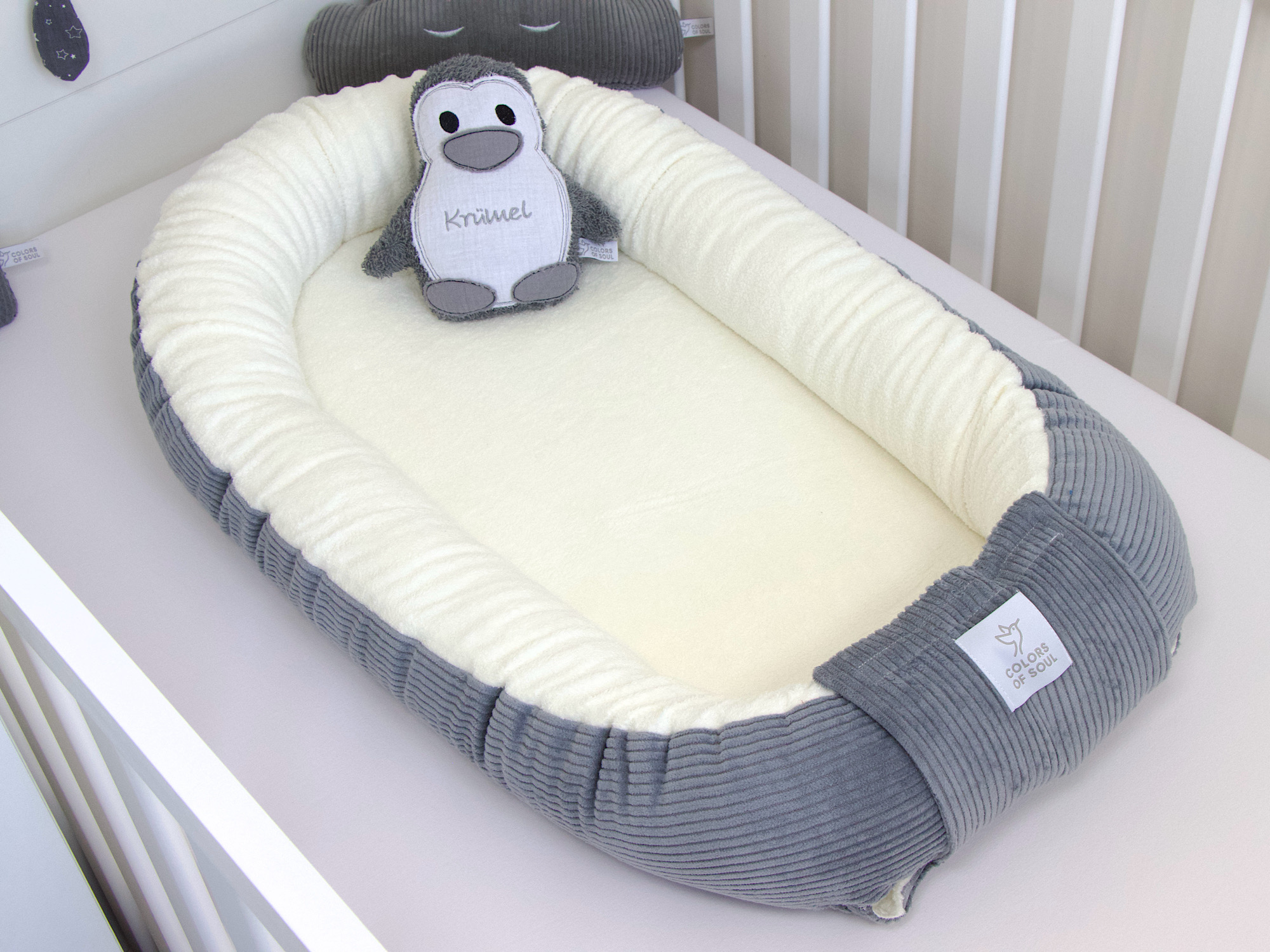 Babynestchen - Kordstoff grau / Baumwollfleece creme
