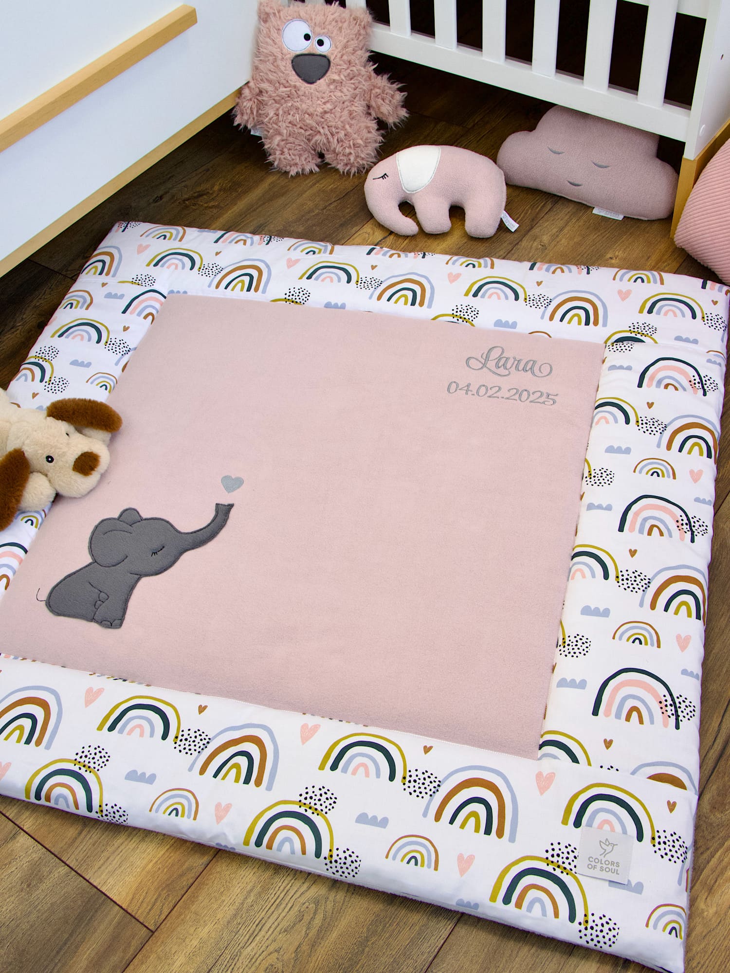 Krabbeldecke Regenbogen und Herzen / Baumwollfleece altrosa