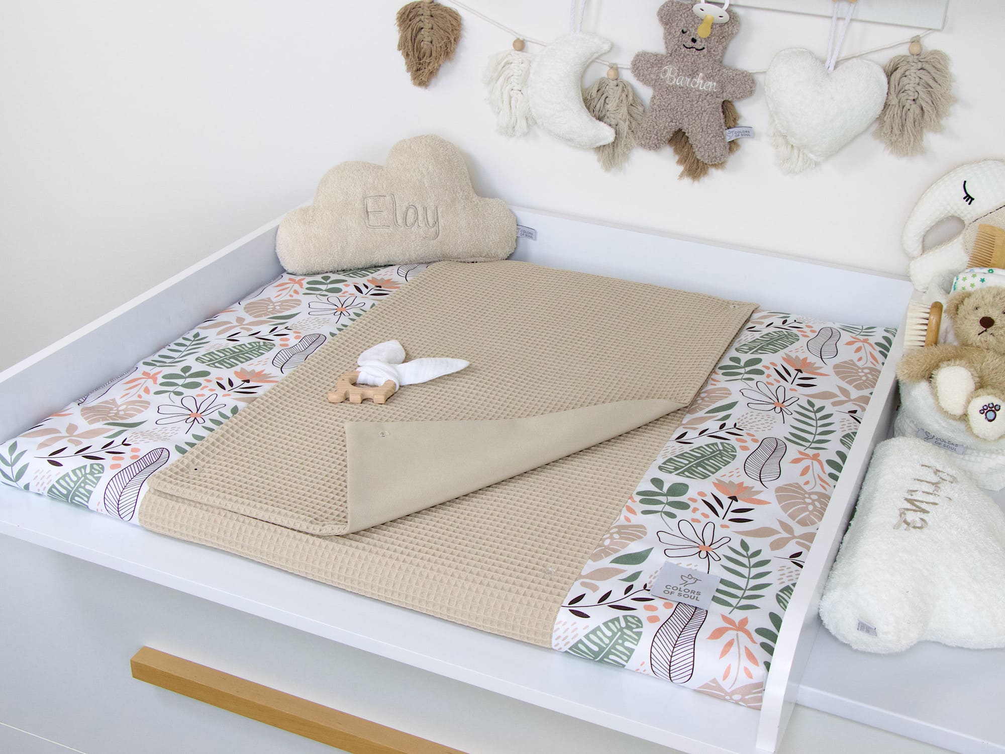 Wickelauflage mit Inlett - Tropical Blumen pastell / Waffelpique beige