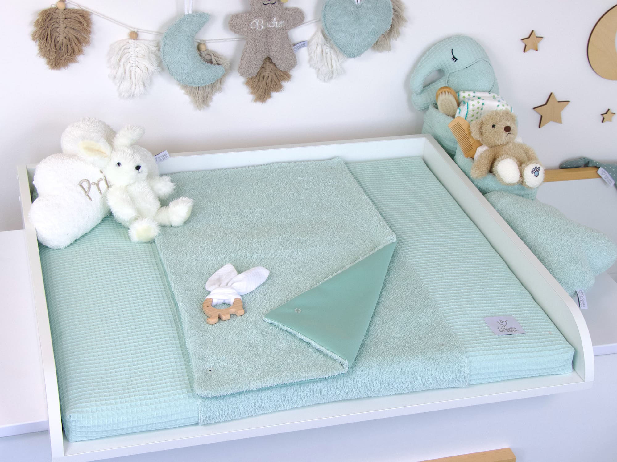 Handgemachte Wickelauflage aus Waffelpique Pastellmint & Frottee Pastellmint