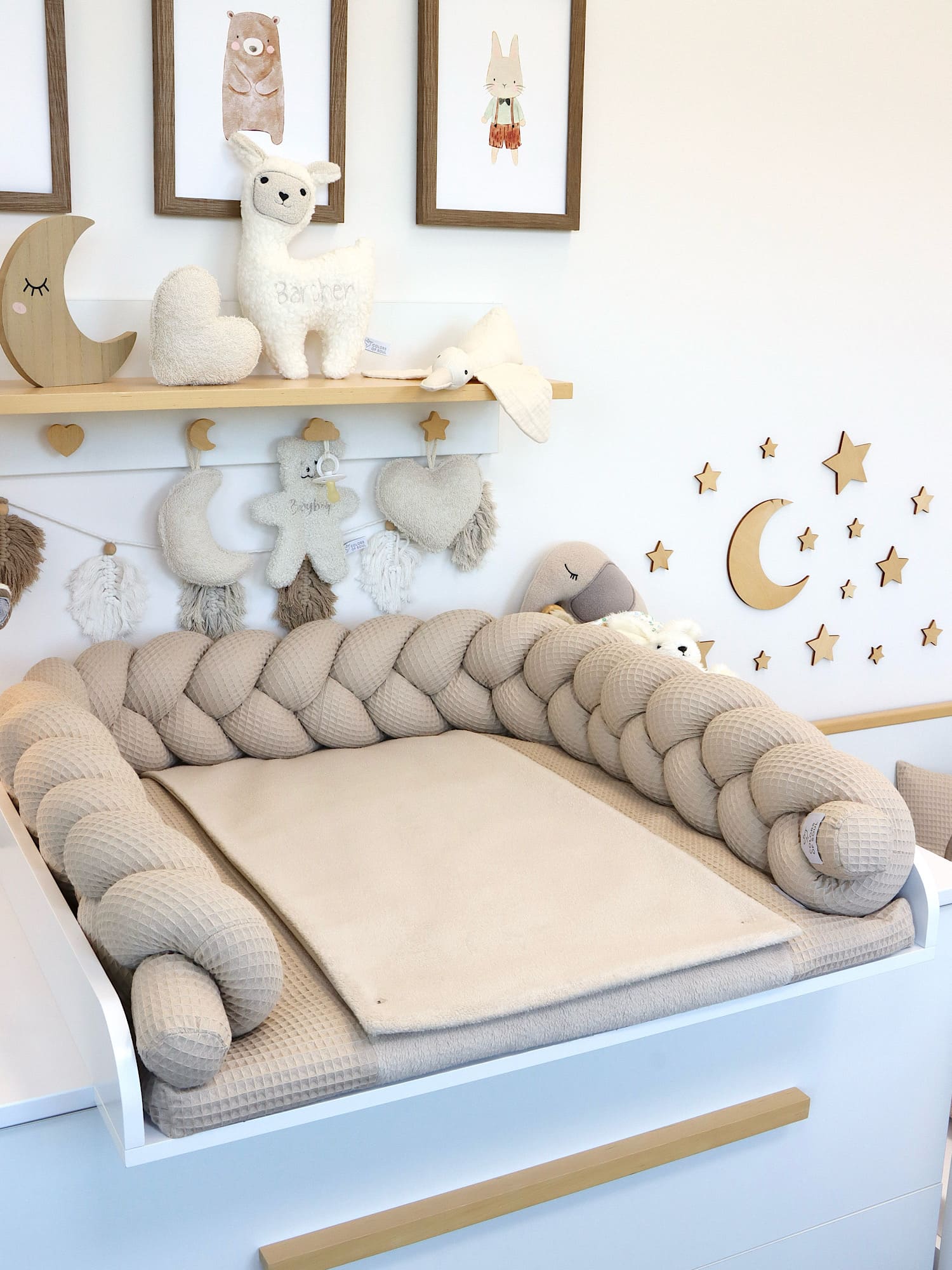 Wickelauflage mit Bezug & geflochtener Bettschlange – Waffelpique & Baumwollfleece Beige