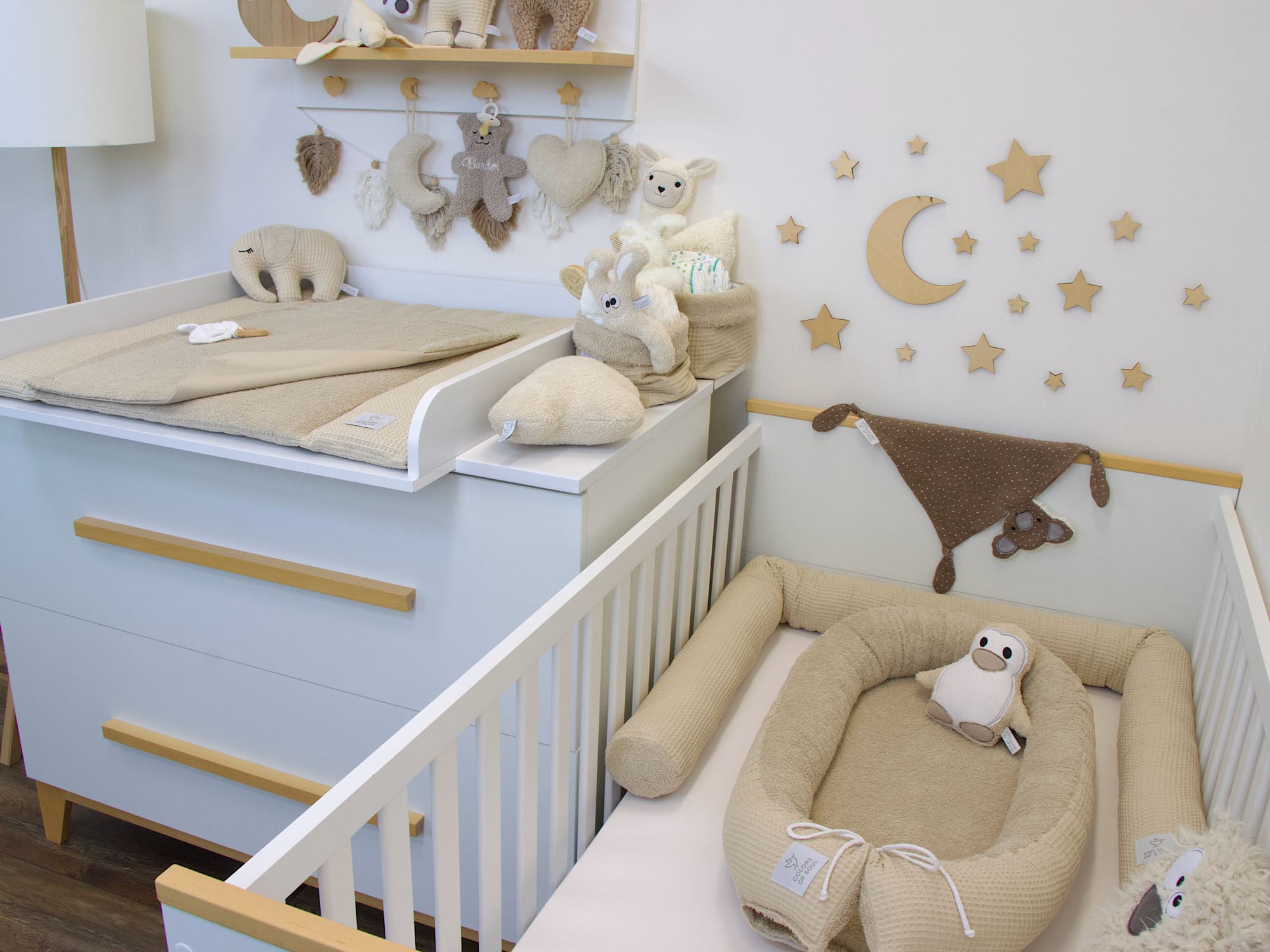 3-er SET - Wickelauflage, Bettschlange, Babynestchen - Waffelpique beige / Frottee beige